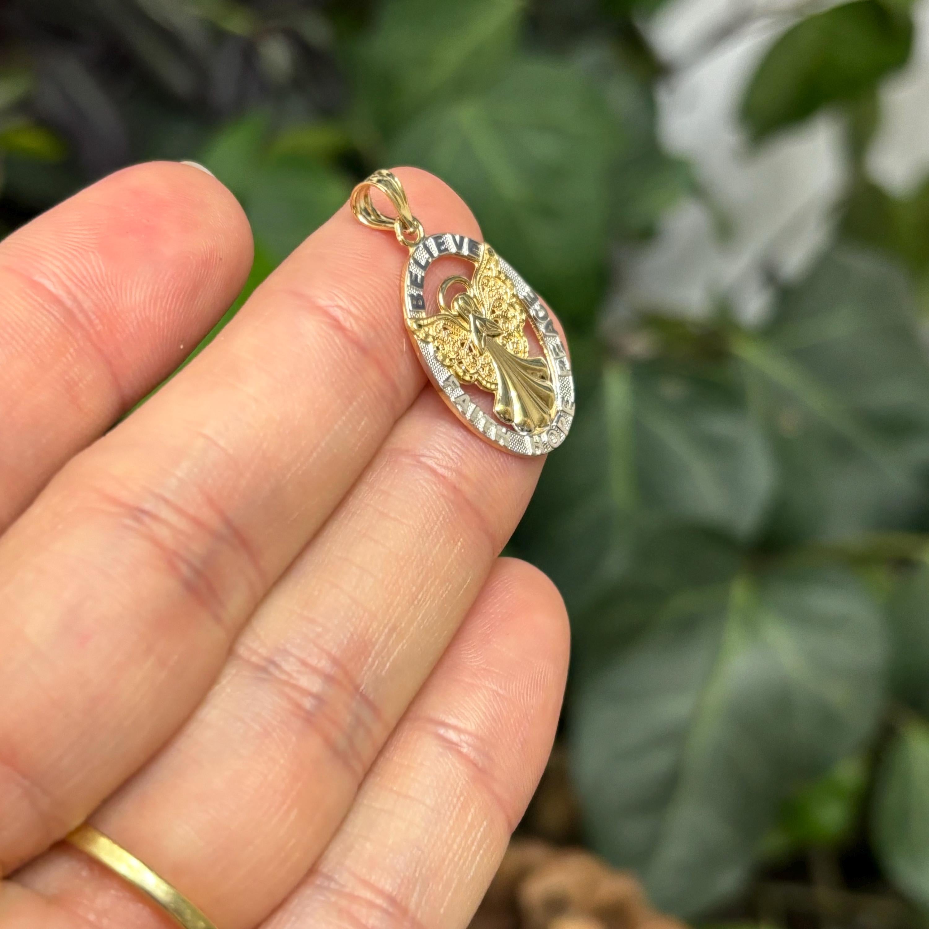 14k Gold Two-Tone Angel Believe Peace Hope Faith Oval Pendant