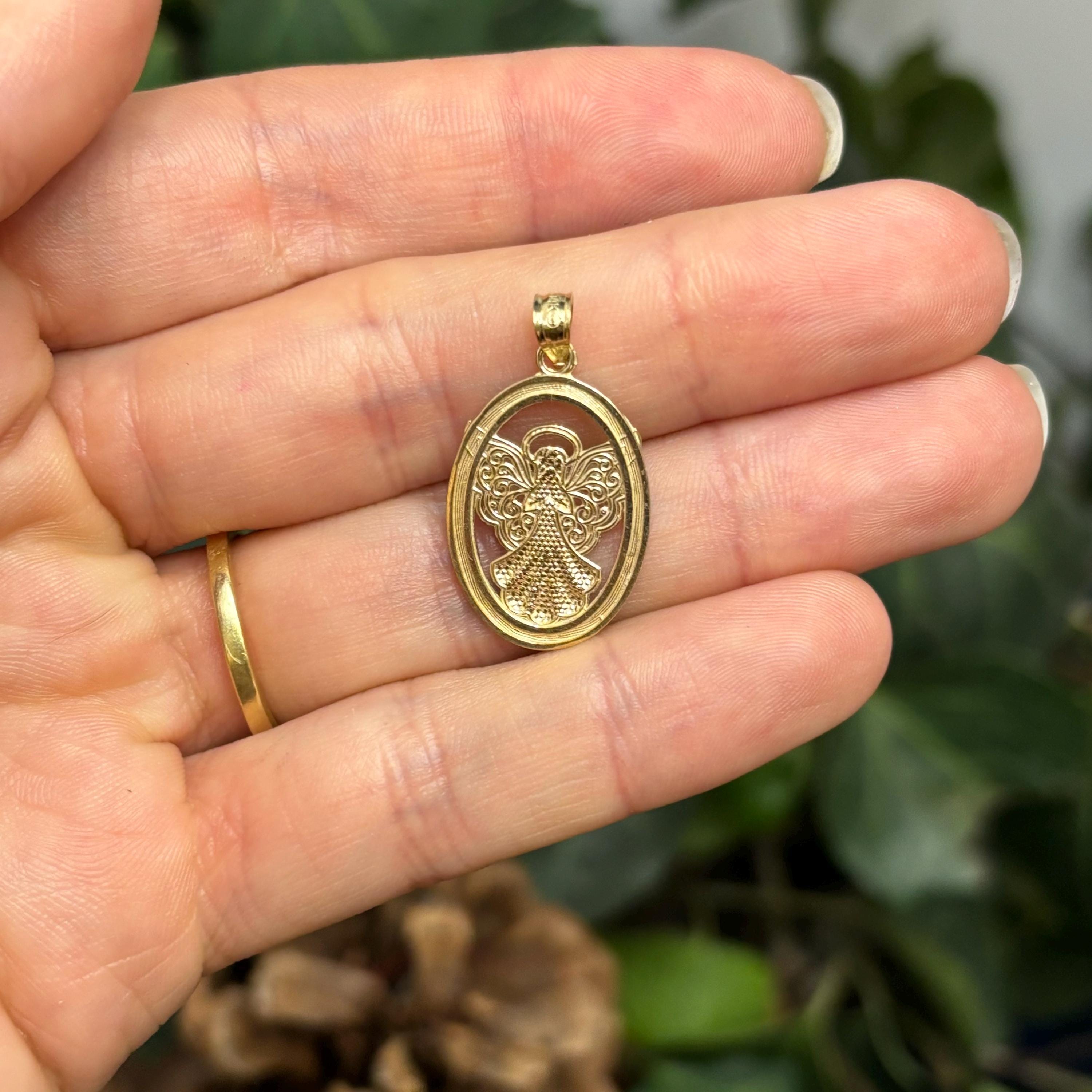14k Gold Two-Tone Angel Believe Peace Hope Faith Oval Pendant