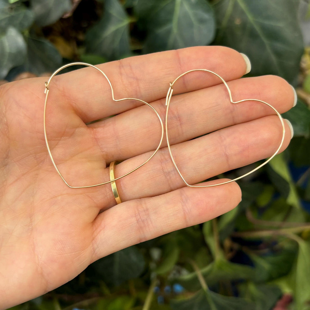 Yellow Gold-Filled Thin Heart Threader Hoop Earrings 40mm x 43mm