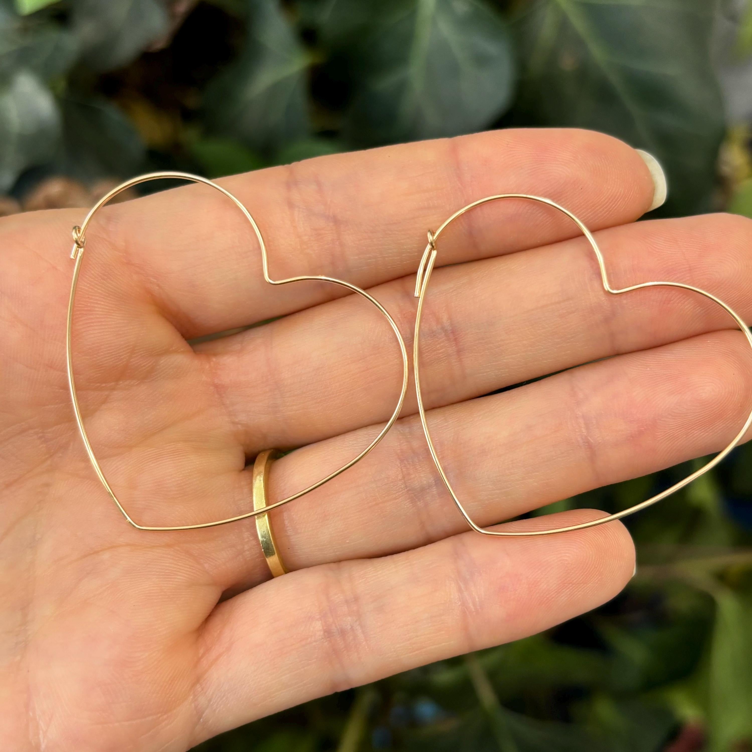 Yellow Gold-Filled Thin Heart Threader Hoop Earrings 40mm x 43mm