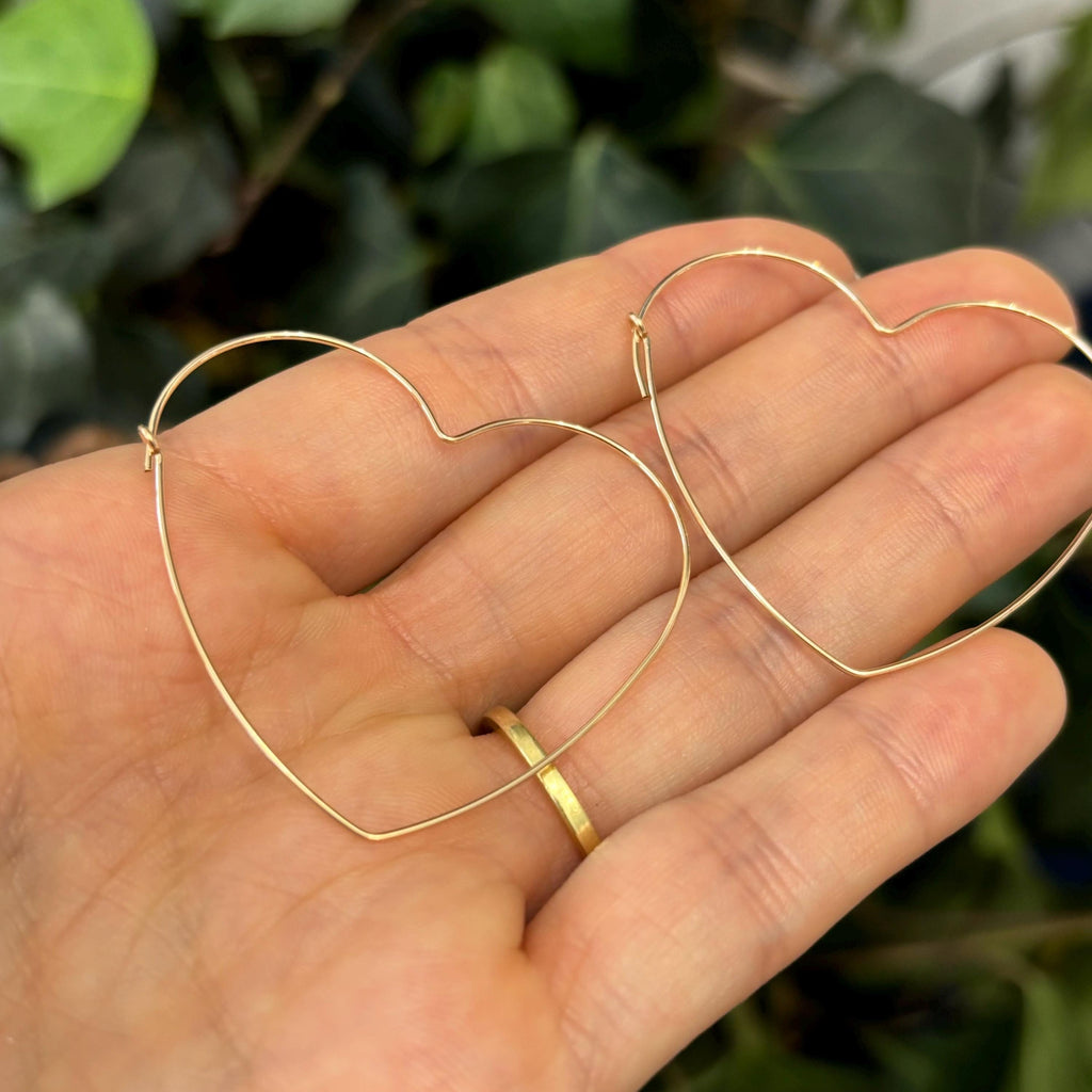 Yellow Gold-Filled Thin Heart Threader Hoop Earrings 40mm x 43mm