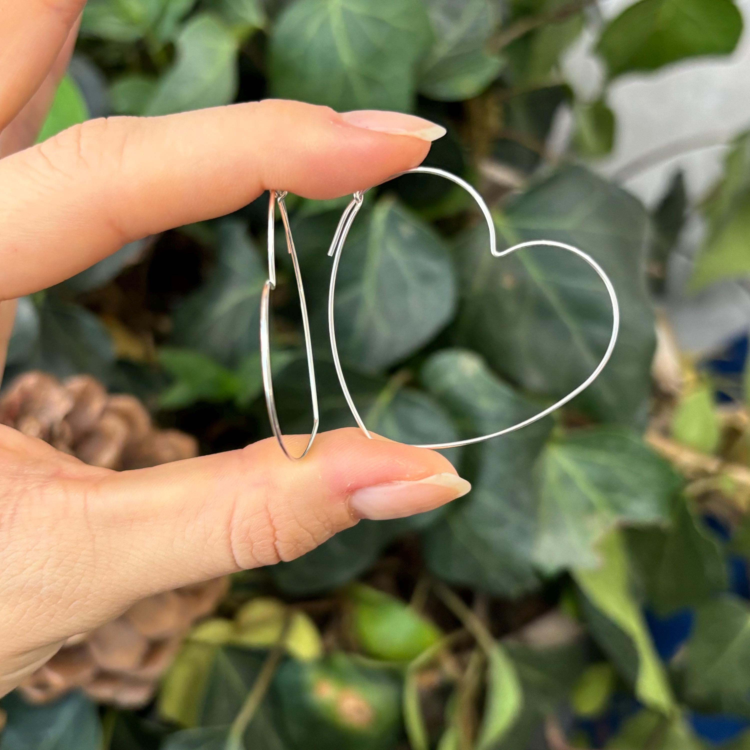 Sterling Silver Thin Heart Threader Hoop Earrings 40mm x 43mm