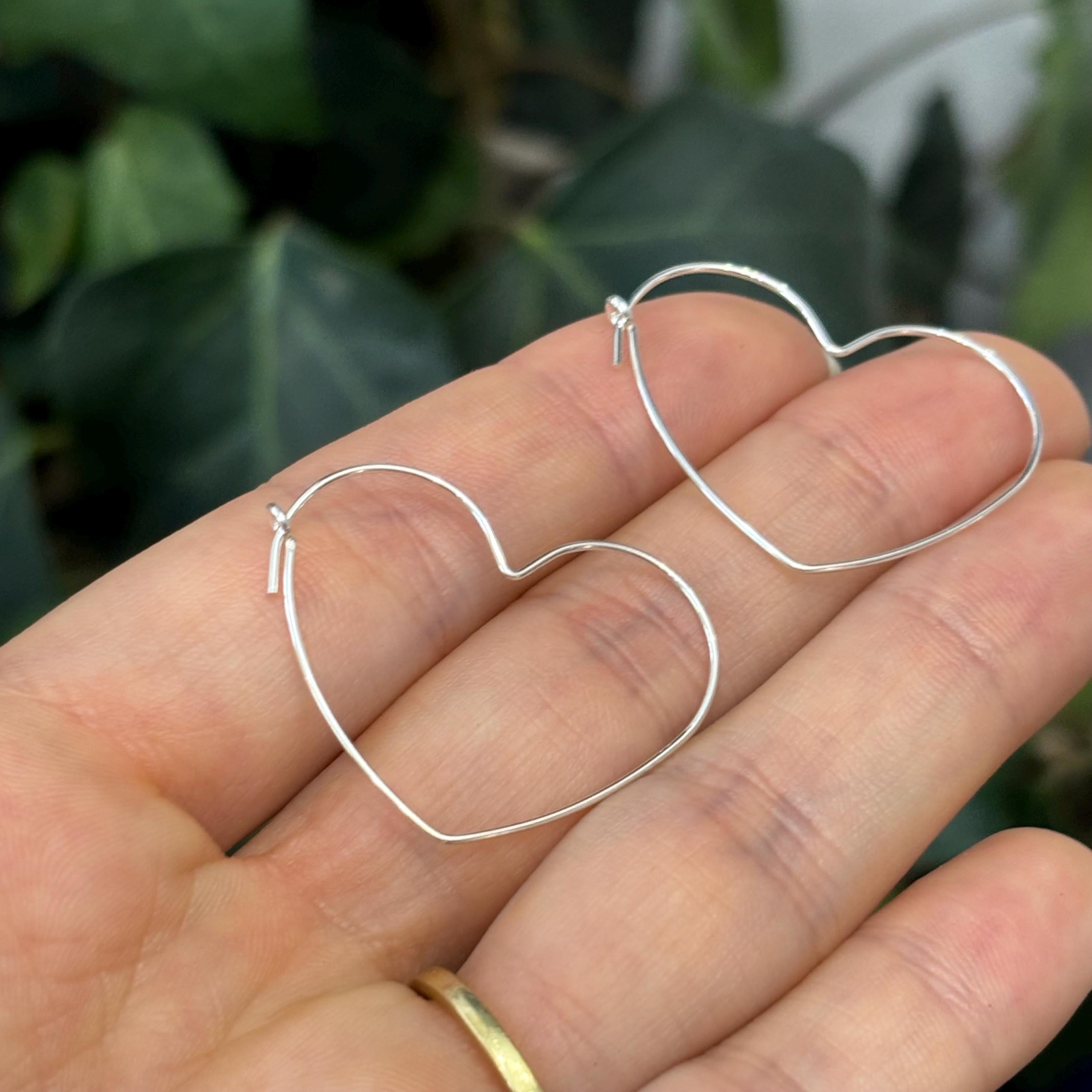 Sterling Silver Thin Heart Threader Hoop Earrings 30mm x 27mm