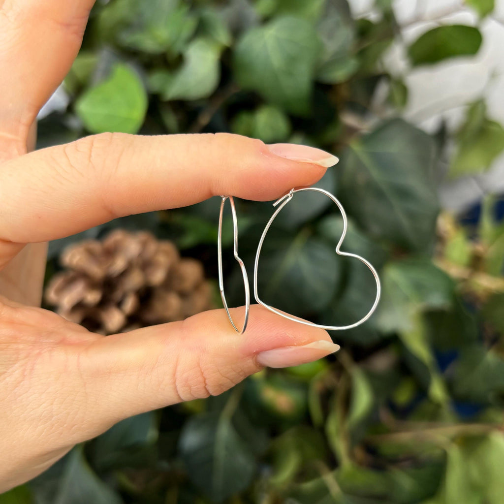 Sterling Silver Thin Heart Threader Hoop Earrings 30mm x 27mm