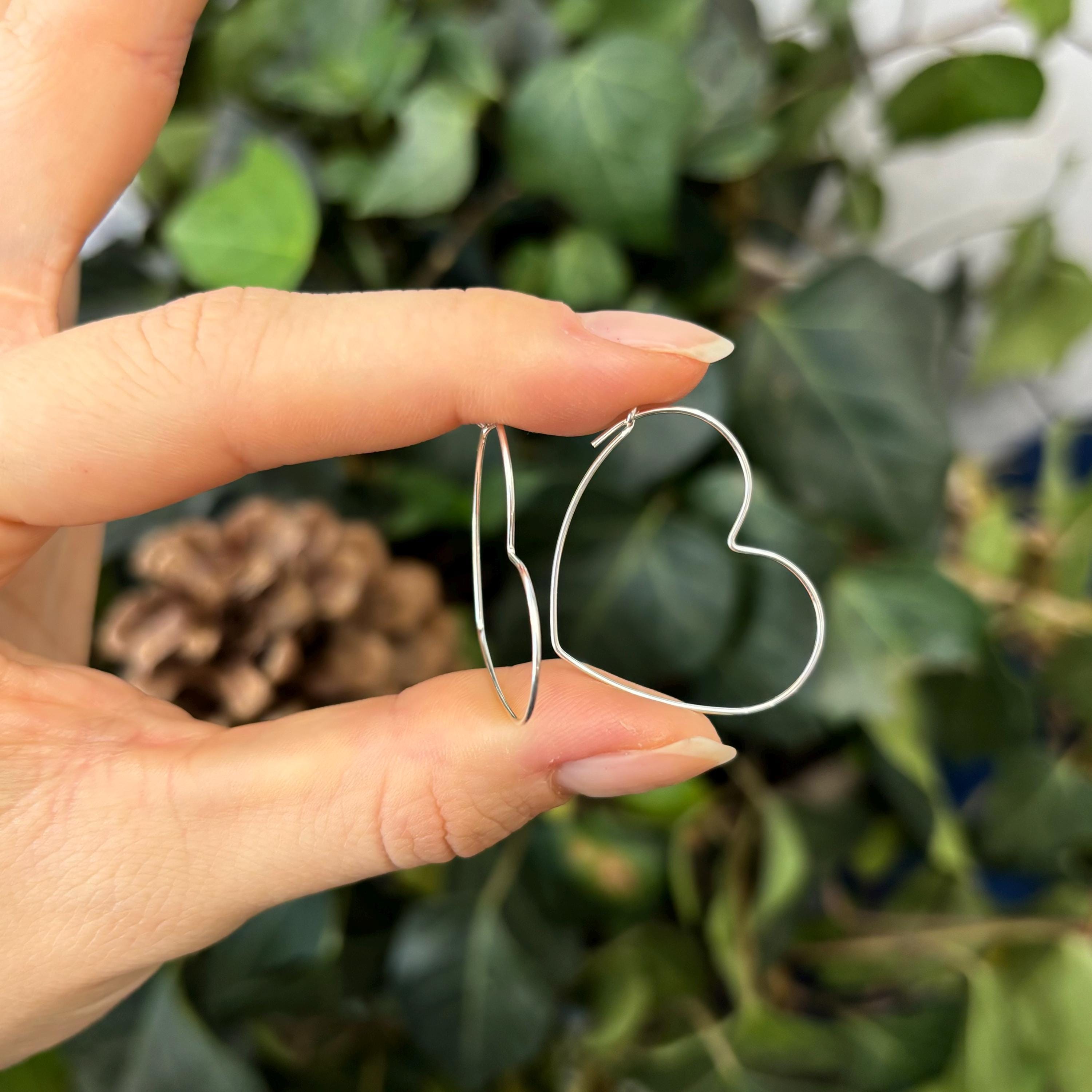 Sterling Silver Thin Heart Threader Hoop Earrings 30mm x 27mm