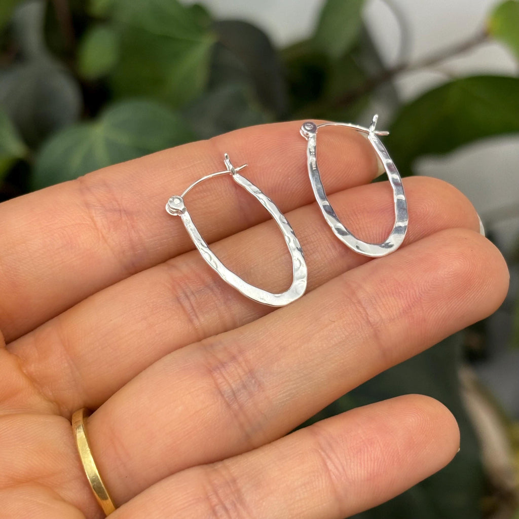 Sterling Silver Hammered Oval Hoop Earrings 11mm x 14mm