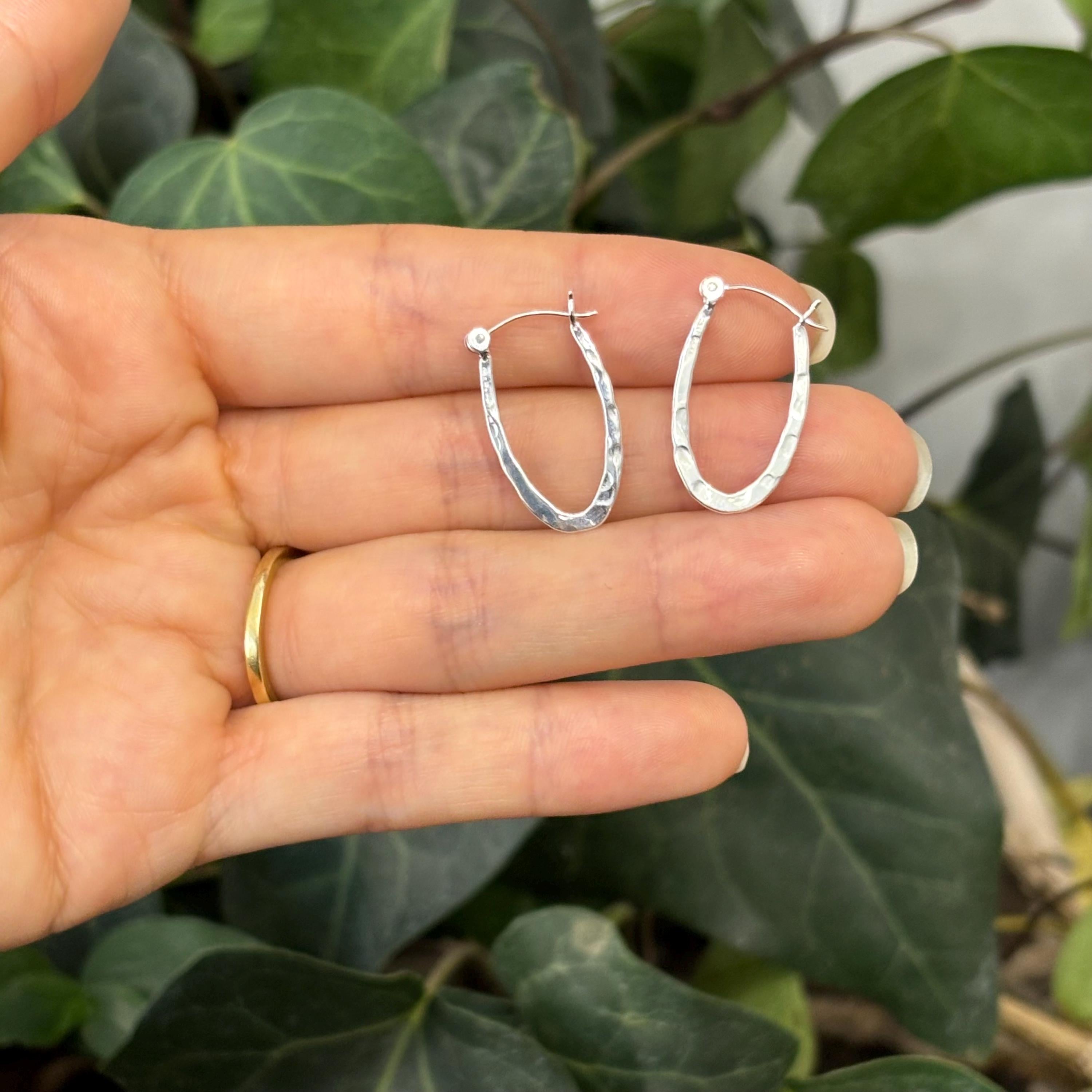 Sterling Silver Hammered Oval Hoop Earrings 11mm x 14mm