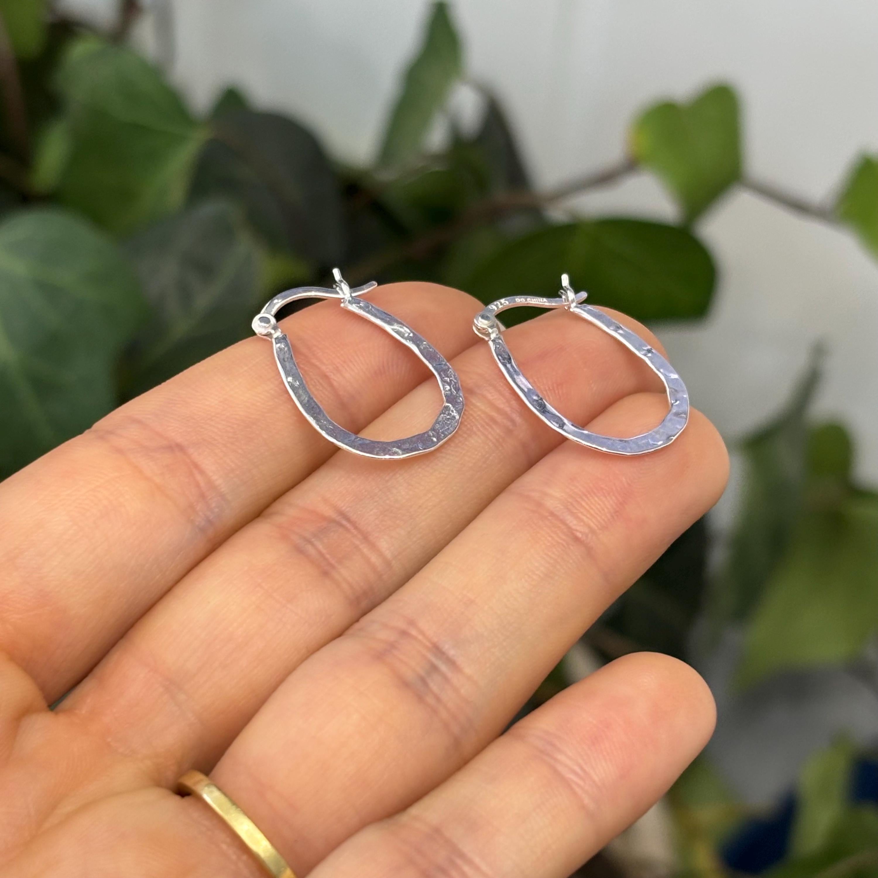 Sterling Silver Hammered Oval Hoop Earrings 20mm x 14mm