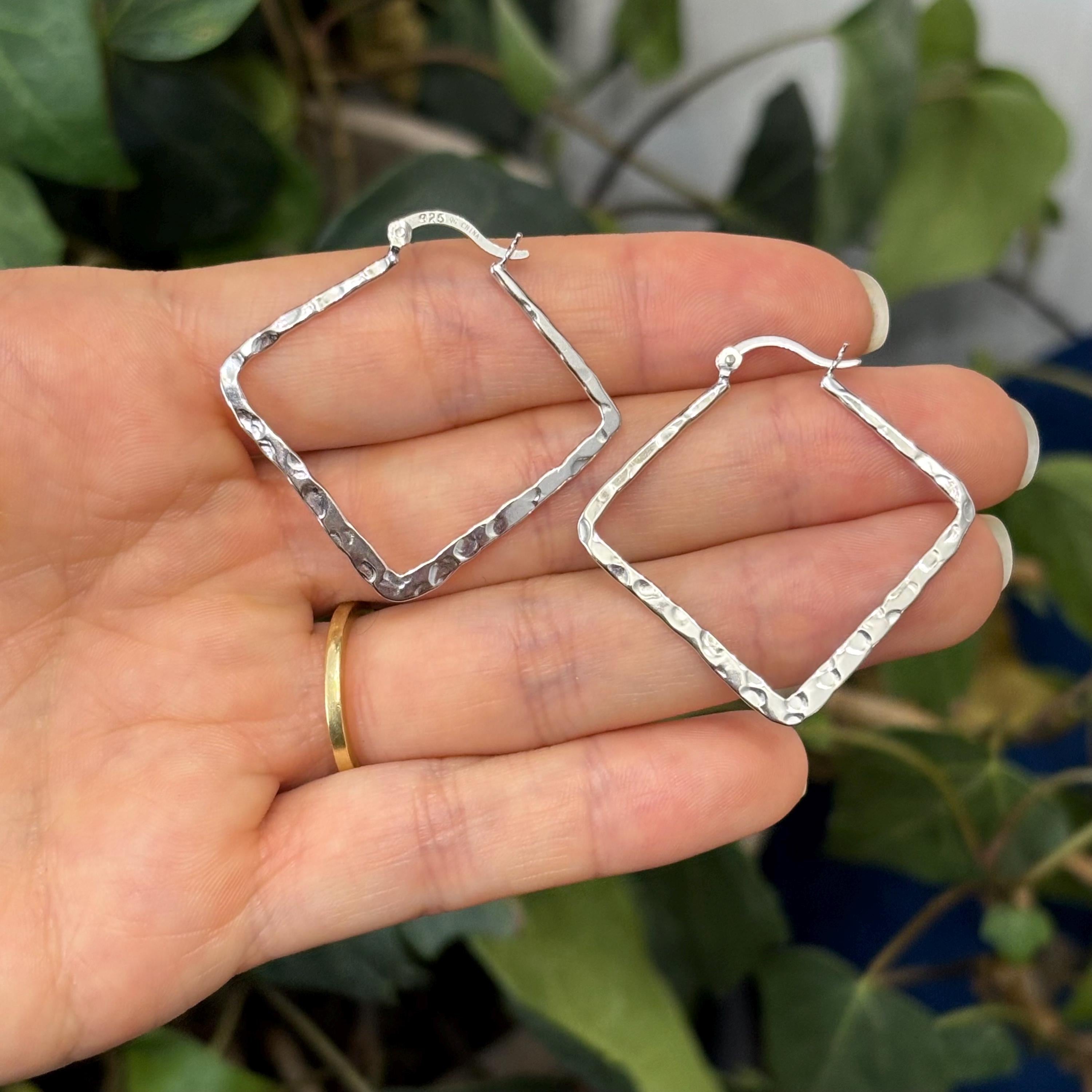 Sterling Silver Hammered Square Hoop Earrings 33mm x 37mm