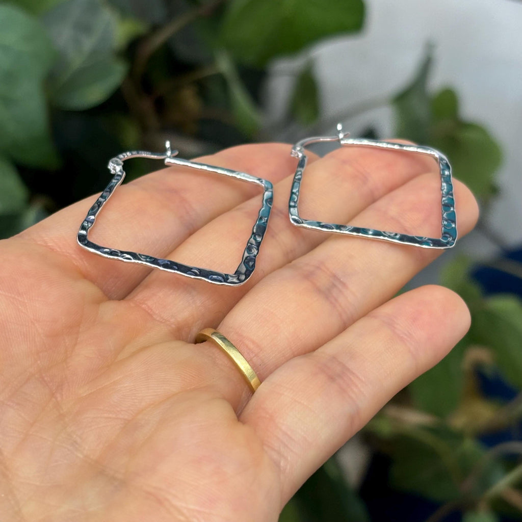 Sterling Silver Hammered Square Hoop Earrings 33mm x 37mm