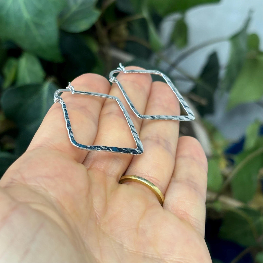 Sterling Silver Hammered Square Hoop Earrings 33mm x 37mm