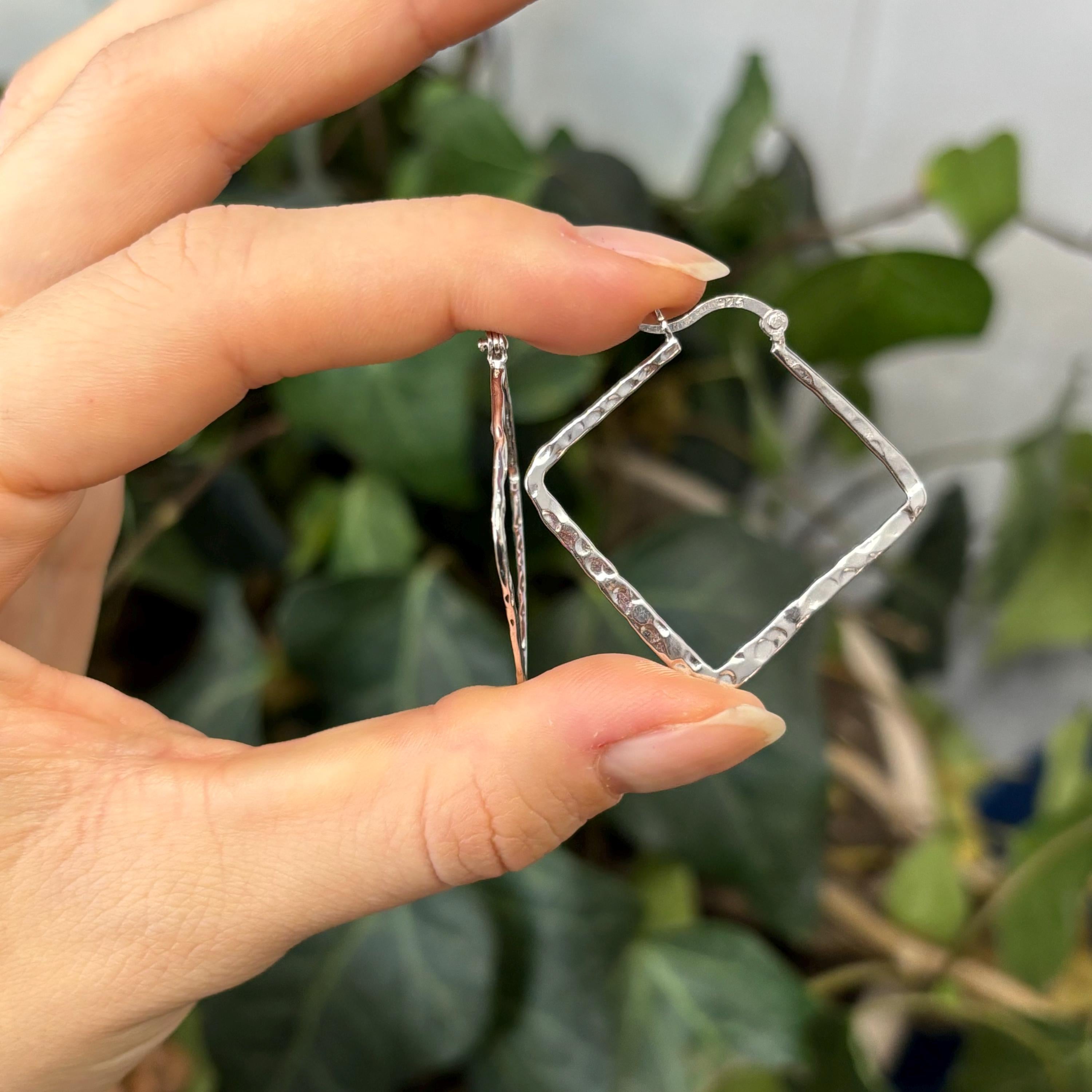 Sterling Silver Hammered Square Hoop Earrings 33mm x 37mm