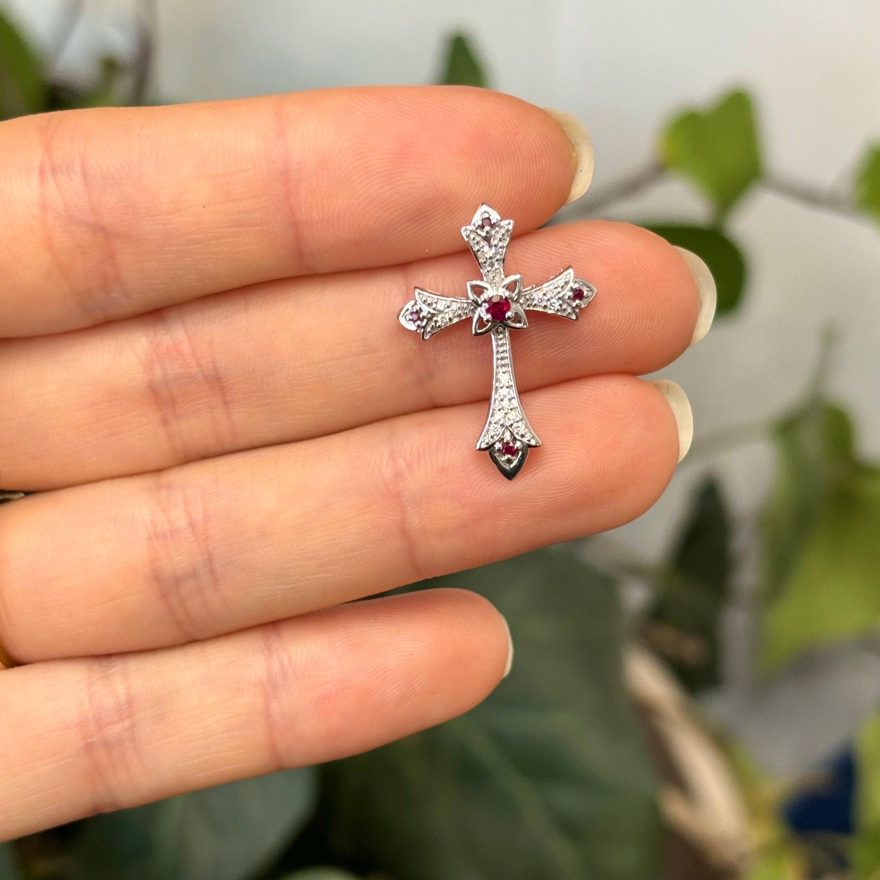 10k White Gold Ruby and Diamond Fleur de Lis Cross Pendant Slide