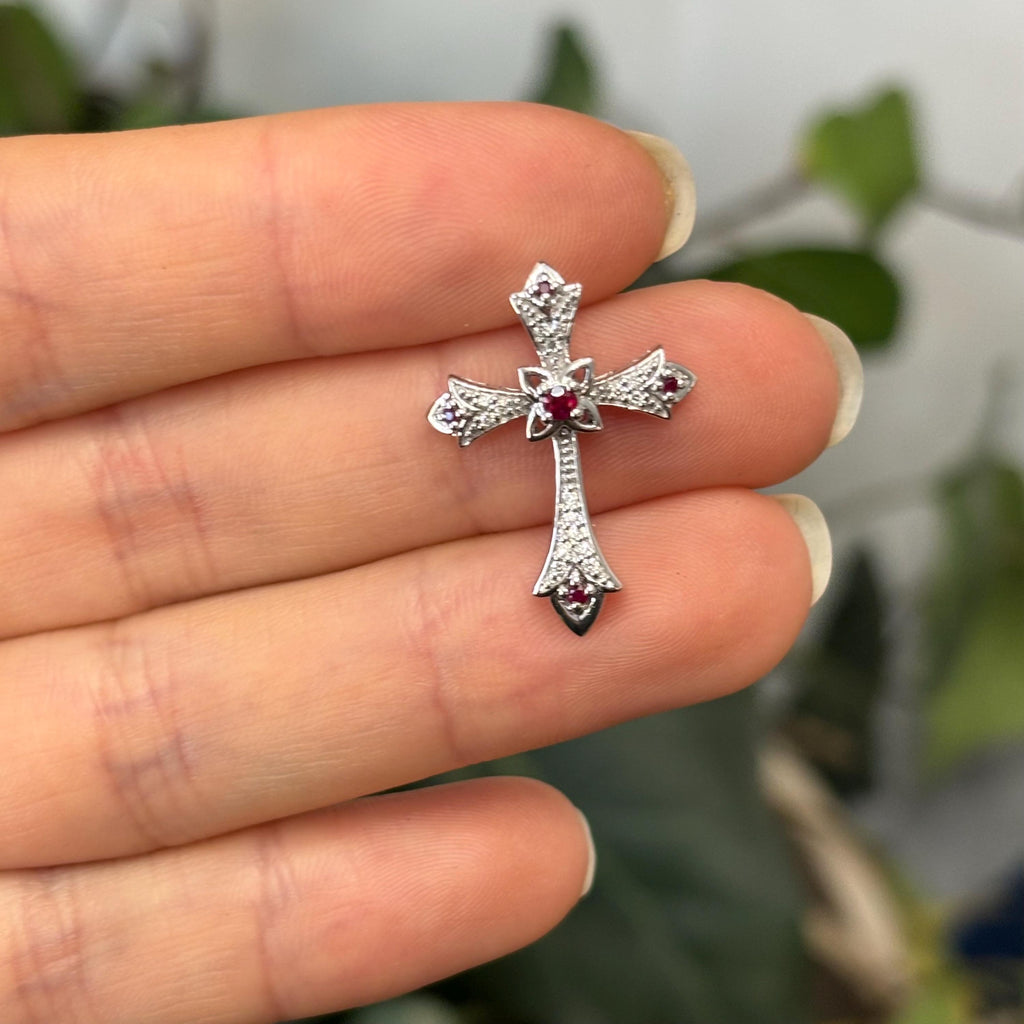 10k White Gold Ruby and Diamond Fleur de Lis Cross Pendant Slide