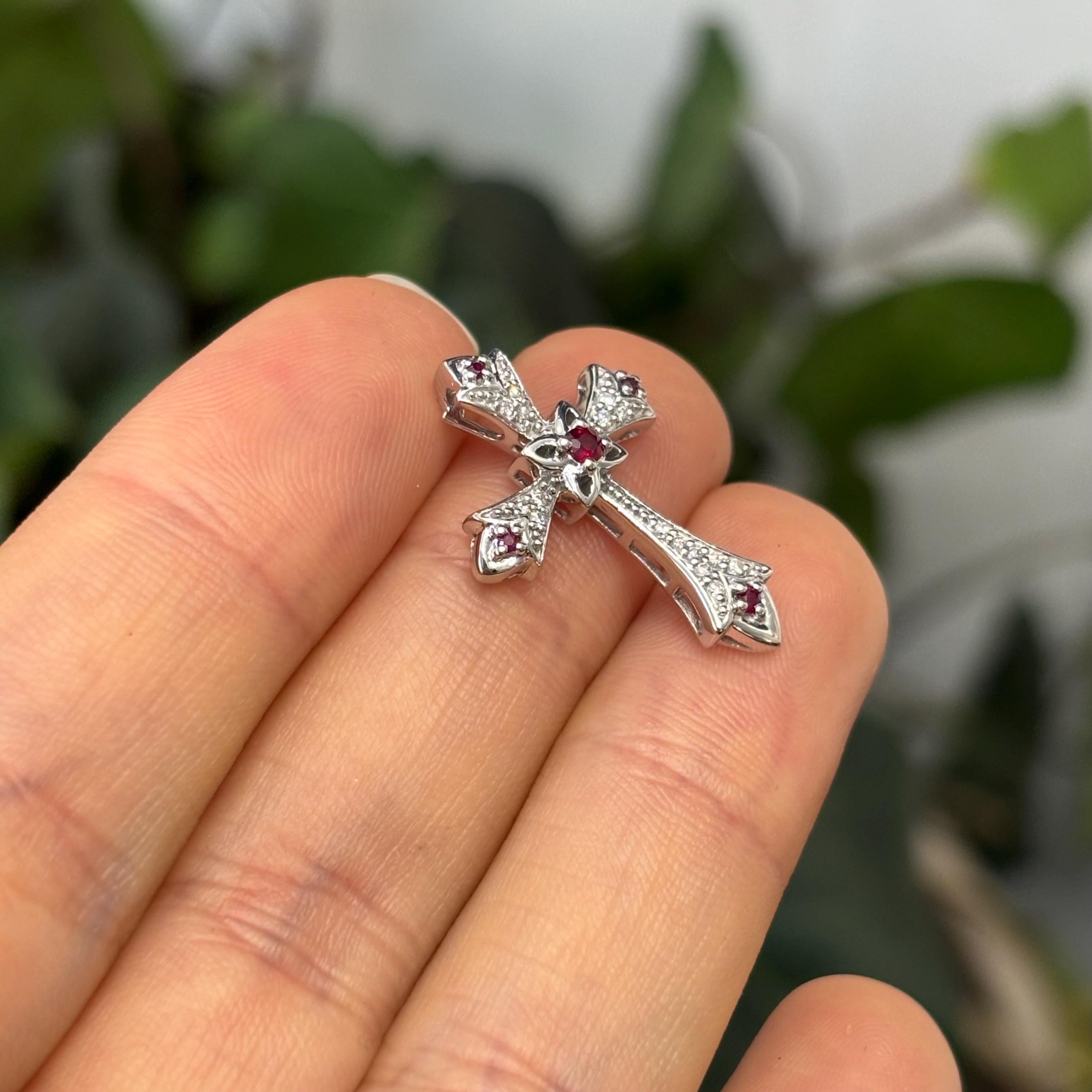 10k White Gold Ruby and Diamond Fleur de Lis Cross Pendant Slide