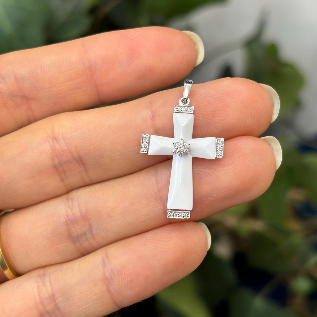 14k White Gold White Agate and Diamond Cross Pendant