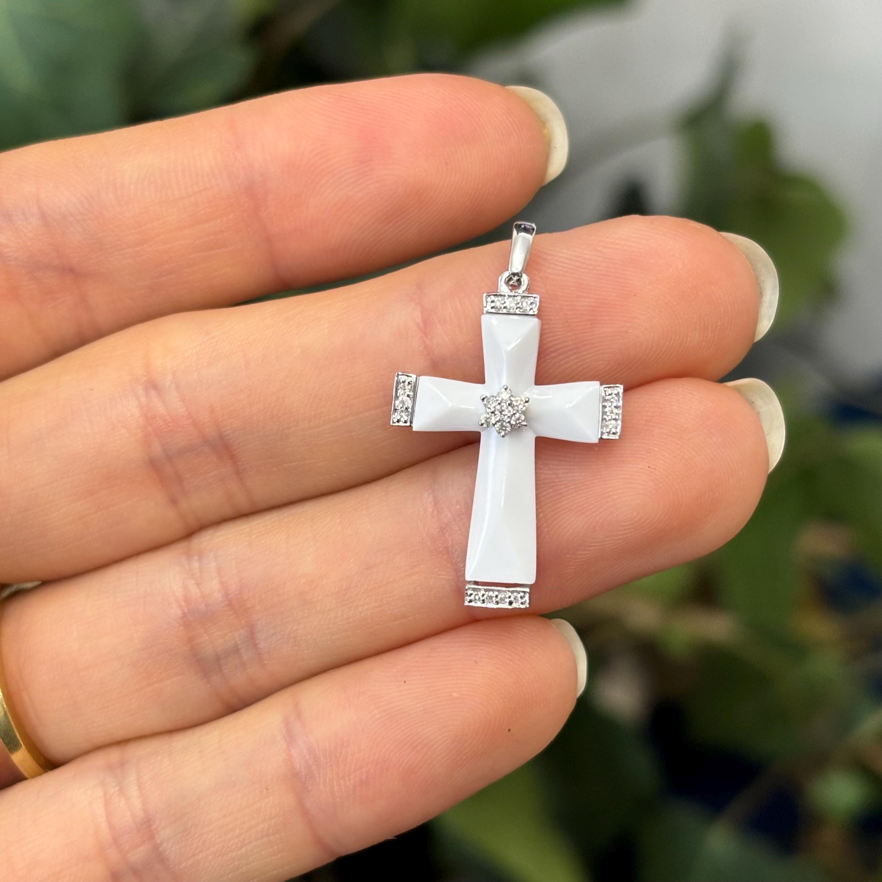 14k White Gold White Agate and Diamond Cross Pendant