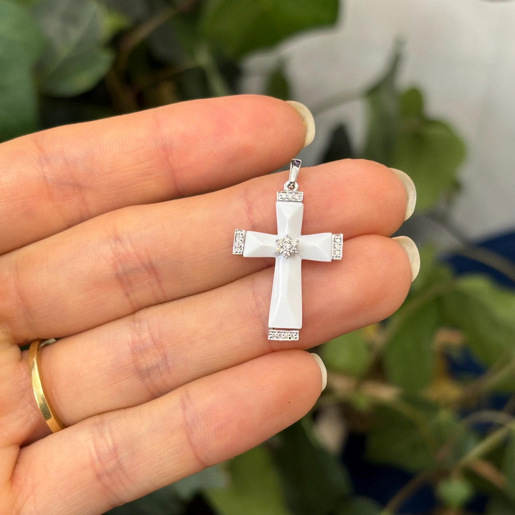 14k White Gold White Agate and Diamond Cross Pendant