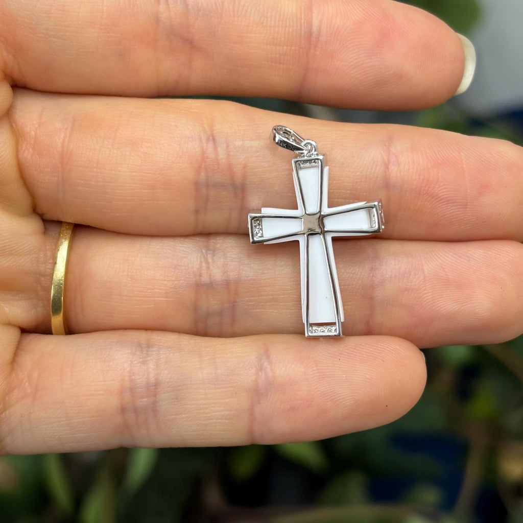 14k White Gold White Agate and Diamond Cross Pendant