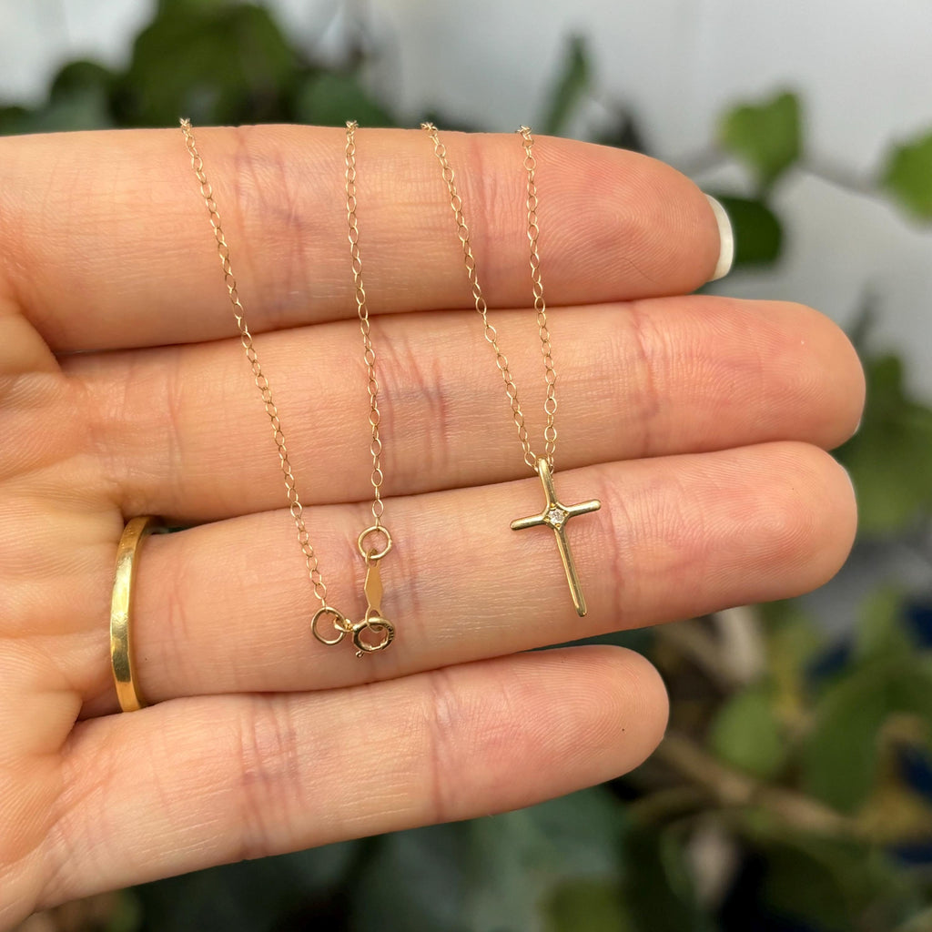 14k Gold .01 Carat Diamond Thin Cross Pendant Necklace Youth 15”