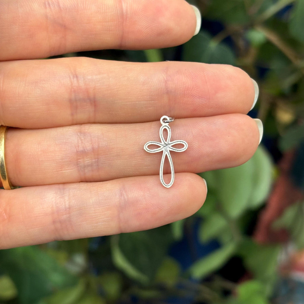 14K White Gold Ribbon Cross Charm Pendant Small