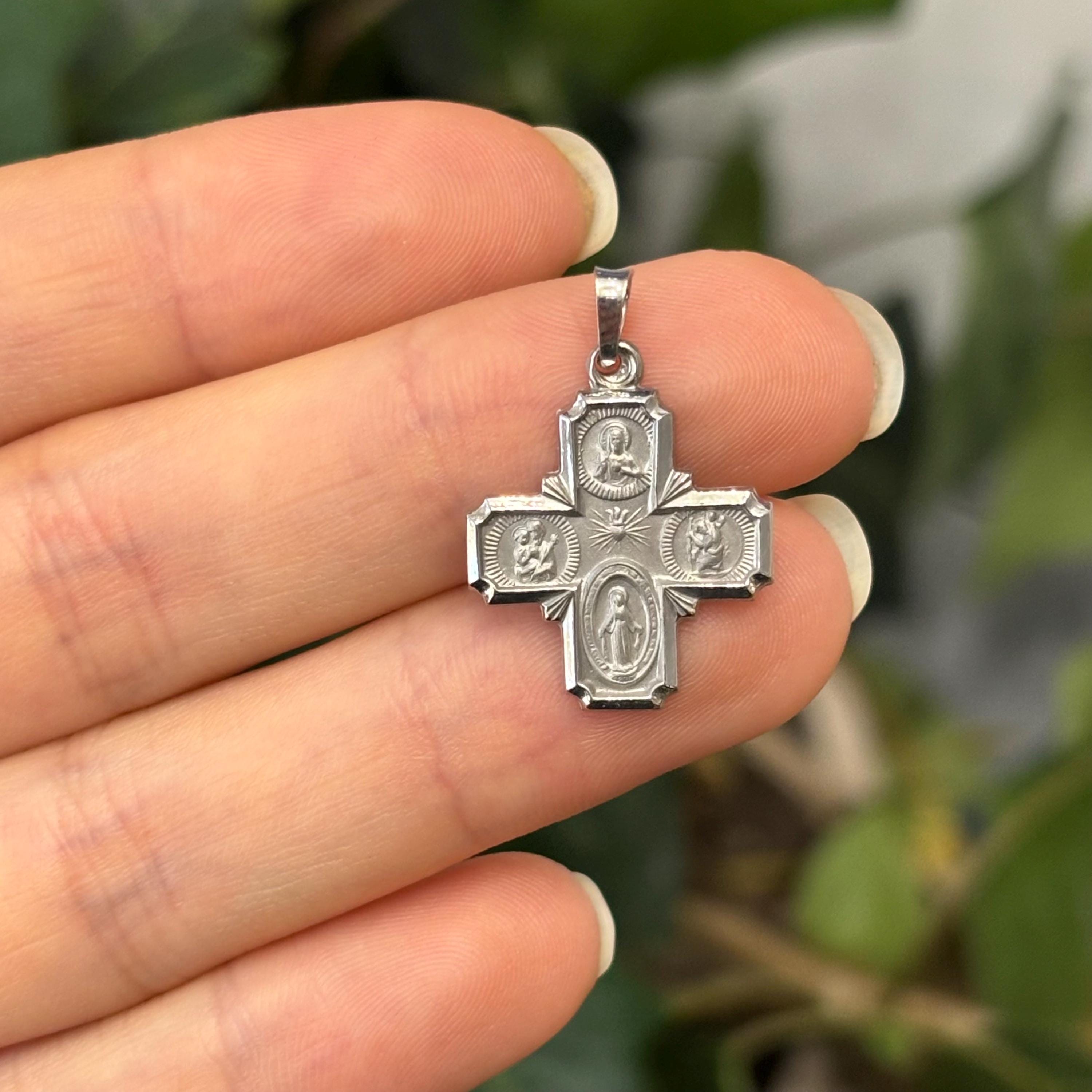 14K White Gold Four Way Medal Cross Pendant Hollow Matte 18mm