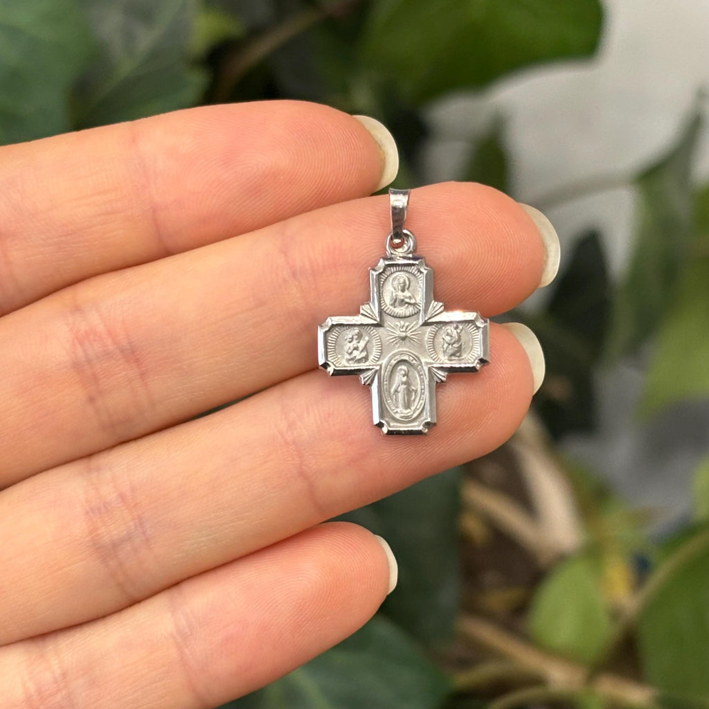 14K White Gold Four Way Medal Cross Pendant Hollow Matte 18mm