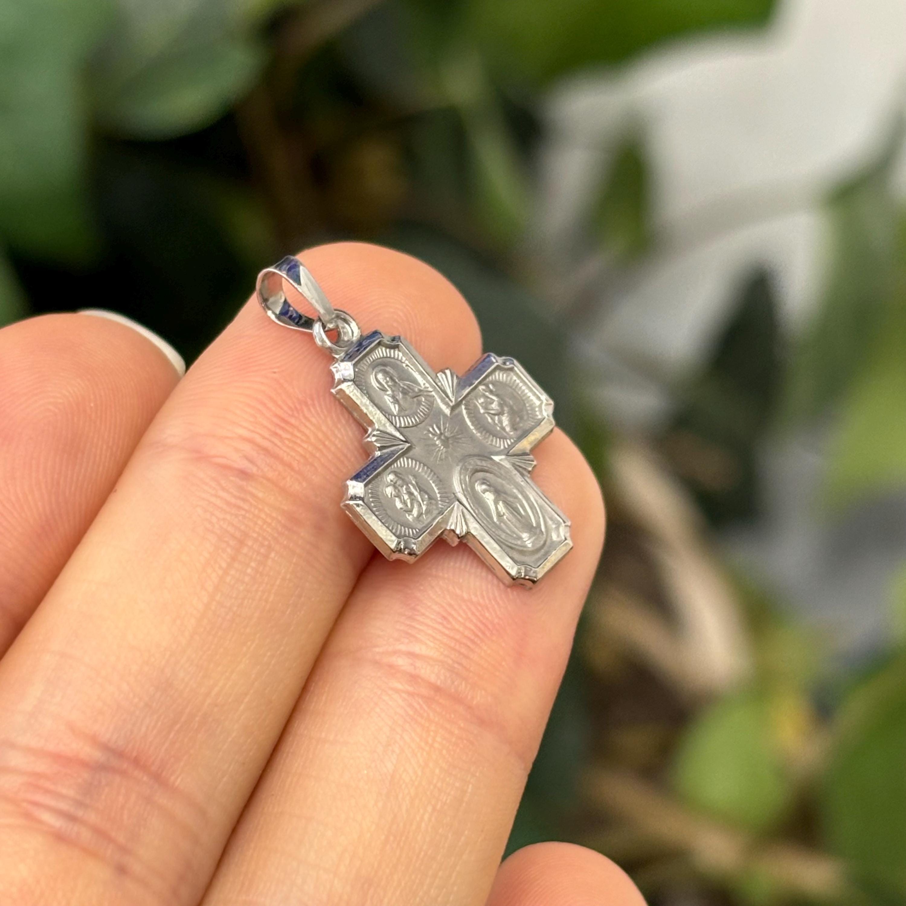 14K White Gold Four Way Medal Cross Pendant Hollow Matte 18mm