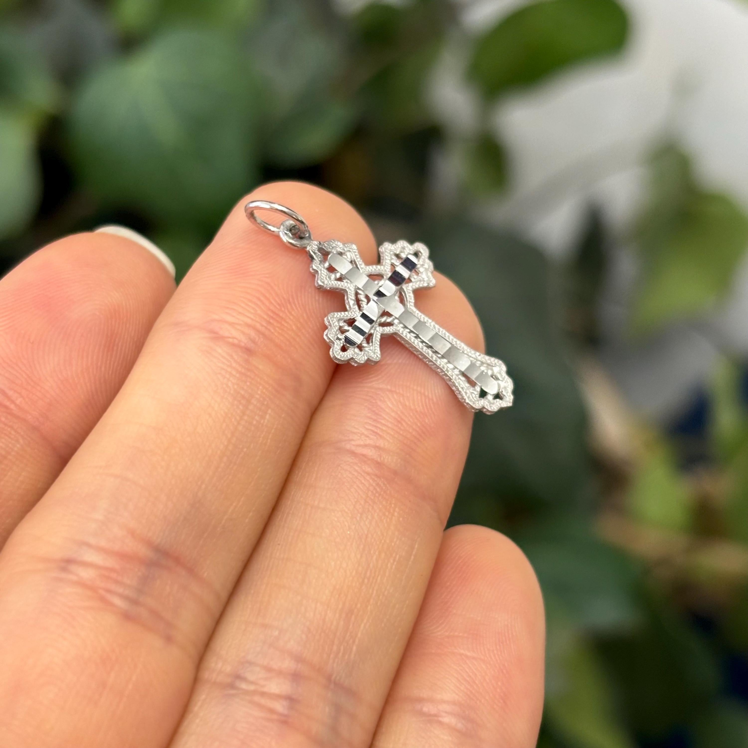 10k White Gold Diamond-Cut Cross Charm Pendant