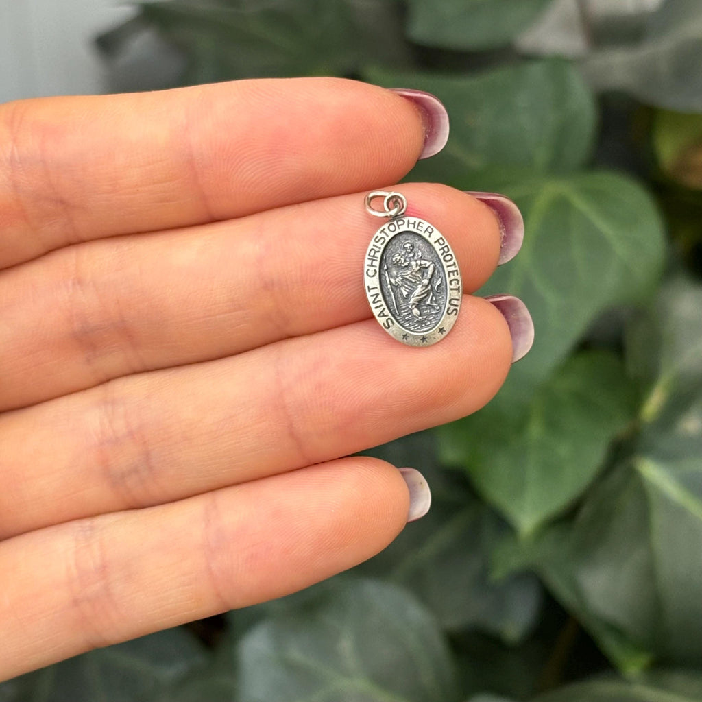 Sterling Silver St Christopher Oval Charm Pendant 18mm x 10mm Small with 18”Necklace