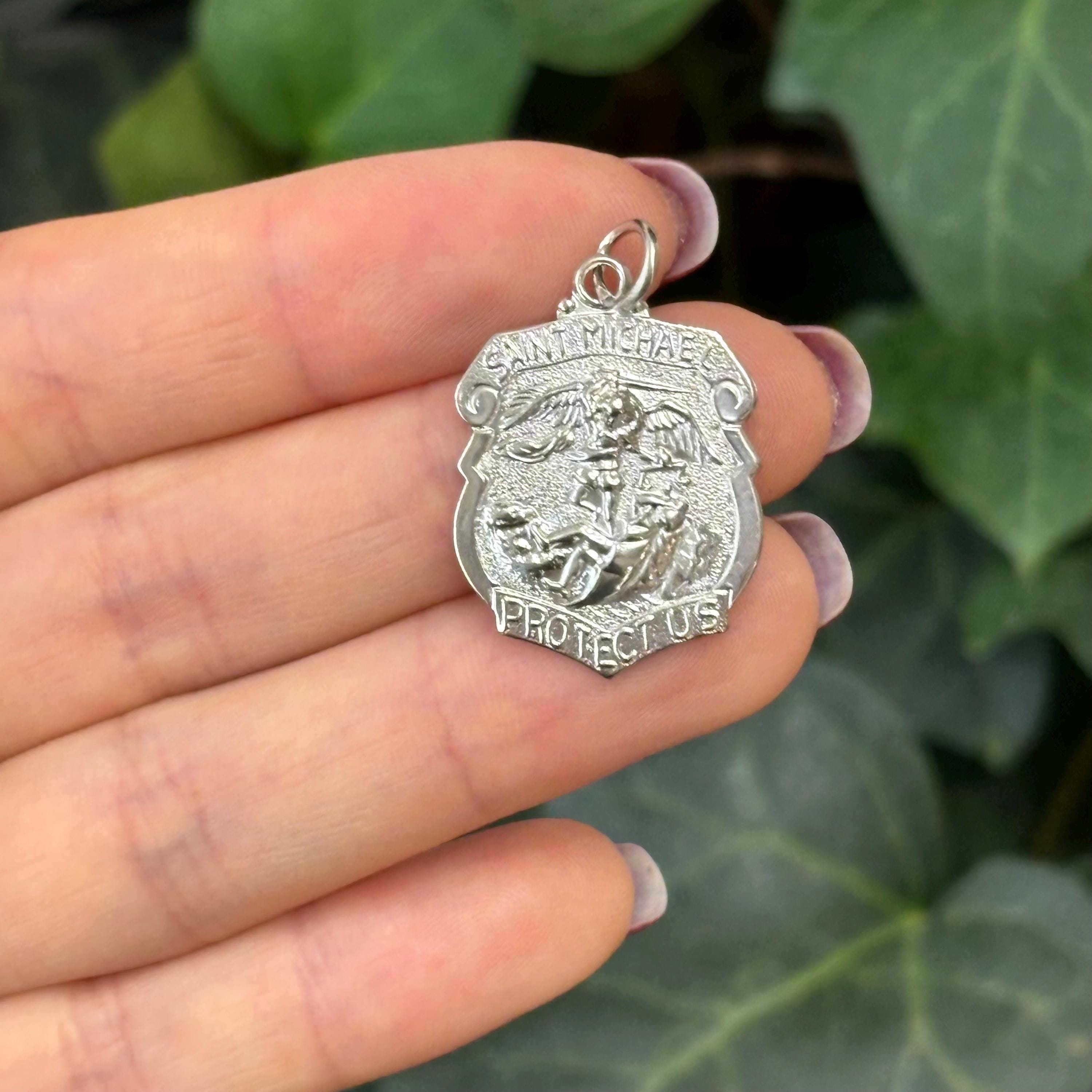 Sterling Silver St Michael Badge Medal Pendant 28mm x 20mm
