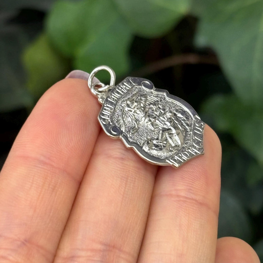 Sterling Silver St Michael Badge Medal Pendant 28mm x 20mm
