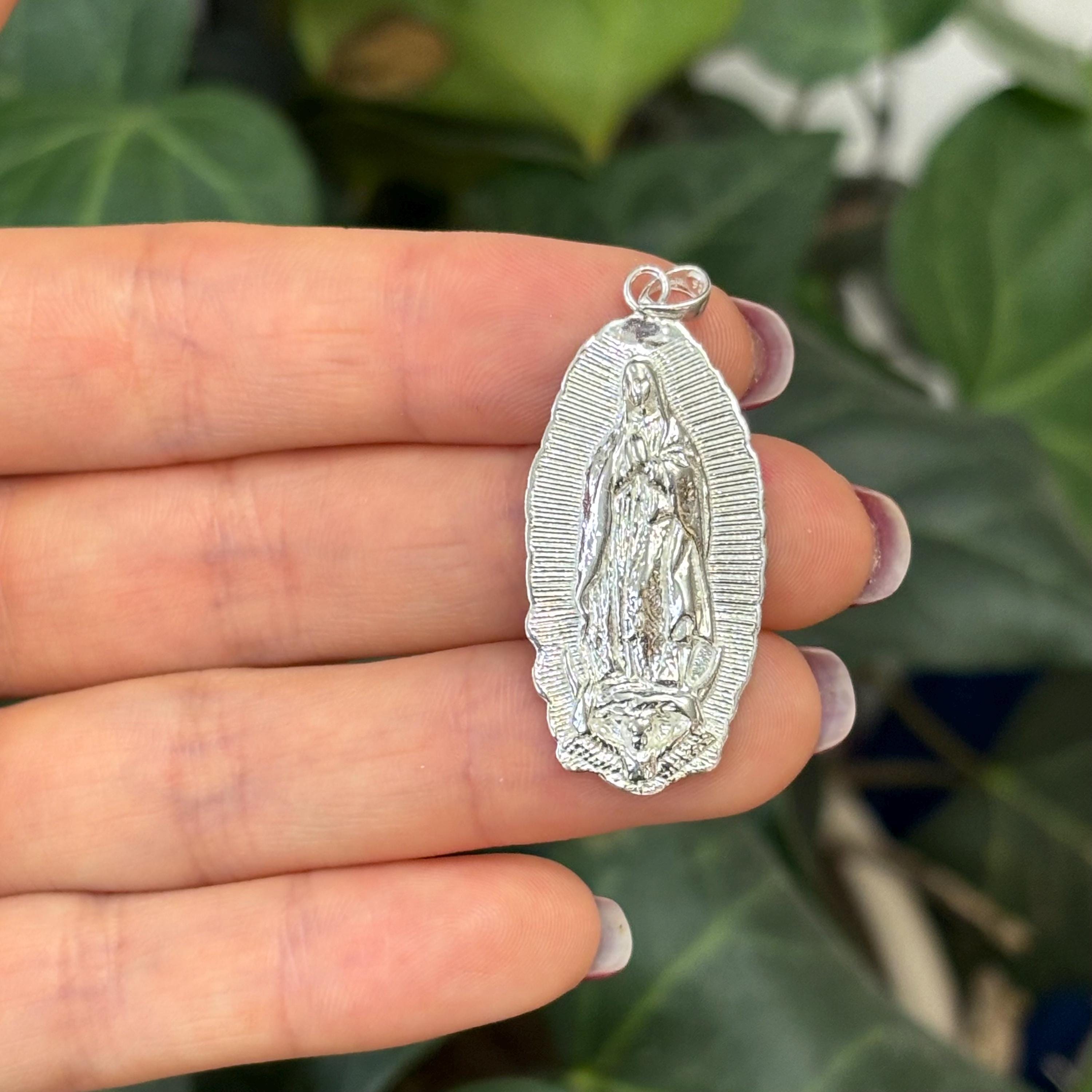 Sterling Silver Guadalupe Mary Oval Medal Pendant 49mm