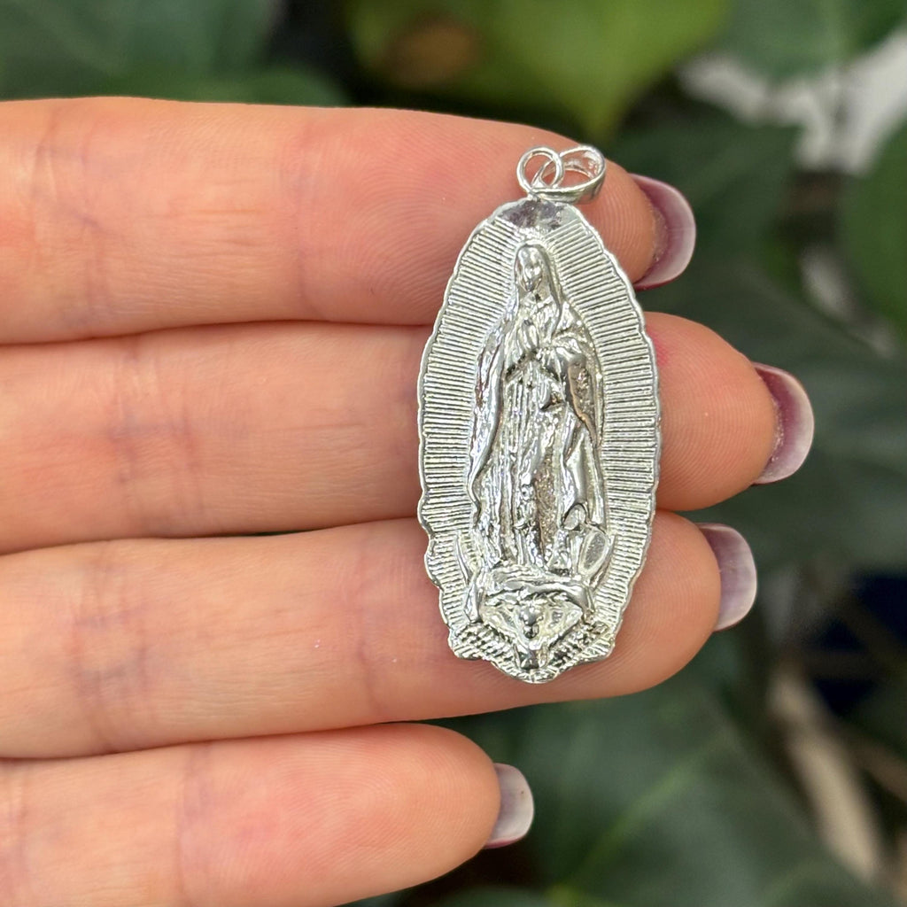 Sterling Silver Guadalupe Mary Oval Medal Pendant 49mm
