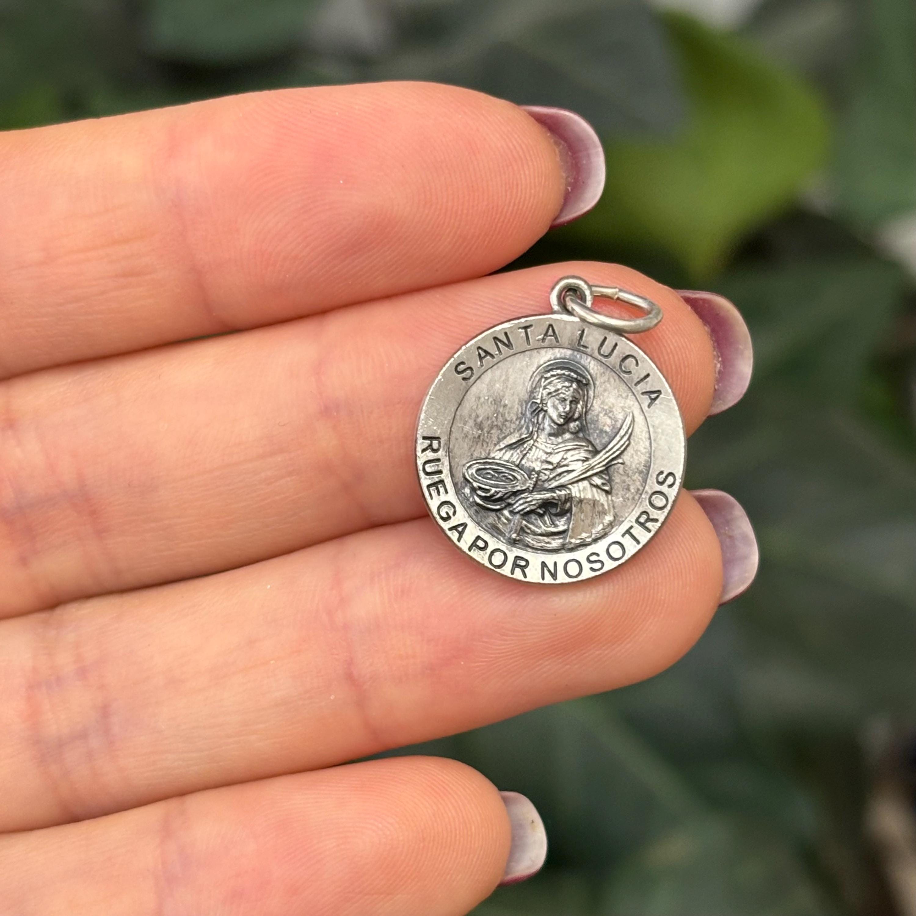 Sterling Silver Santa Lucia Round Medal Pendant 19mm Spanish Lucy