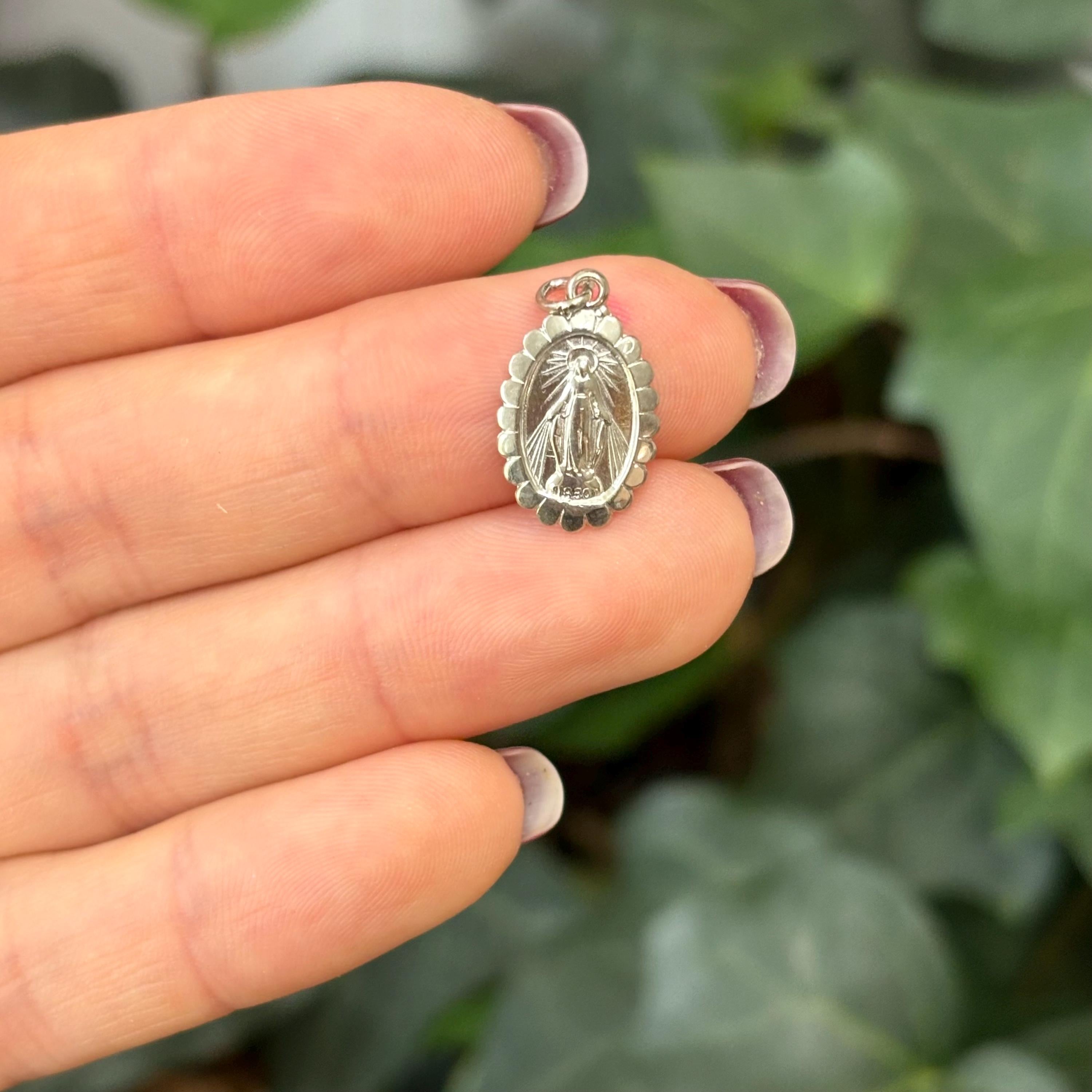 Sterling Silver Miraculous Medal Oval Framed Charm Pendant 17mm x 10mm