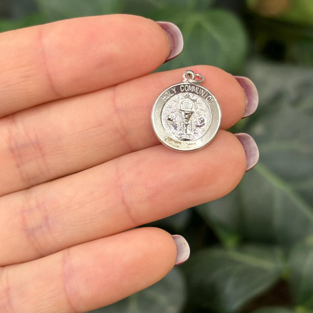 Sterling Silver Holy Communion Round Medal Charm Pendant 15mm