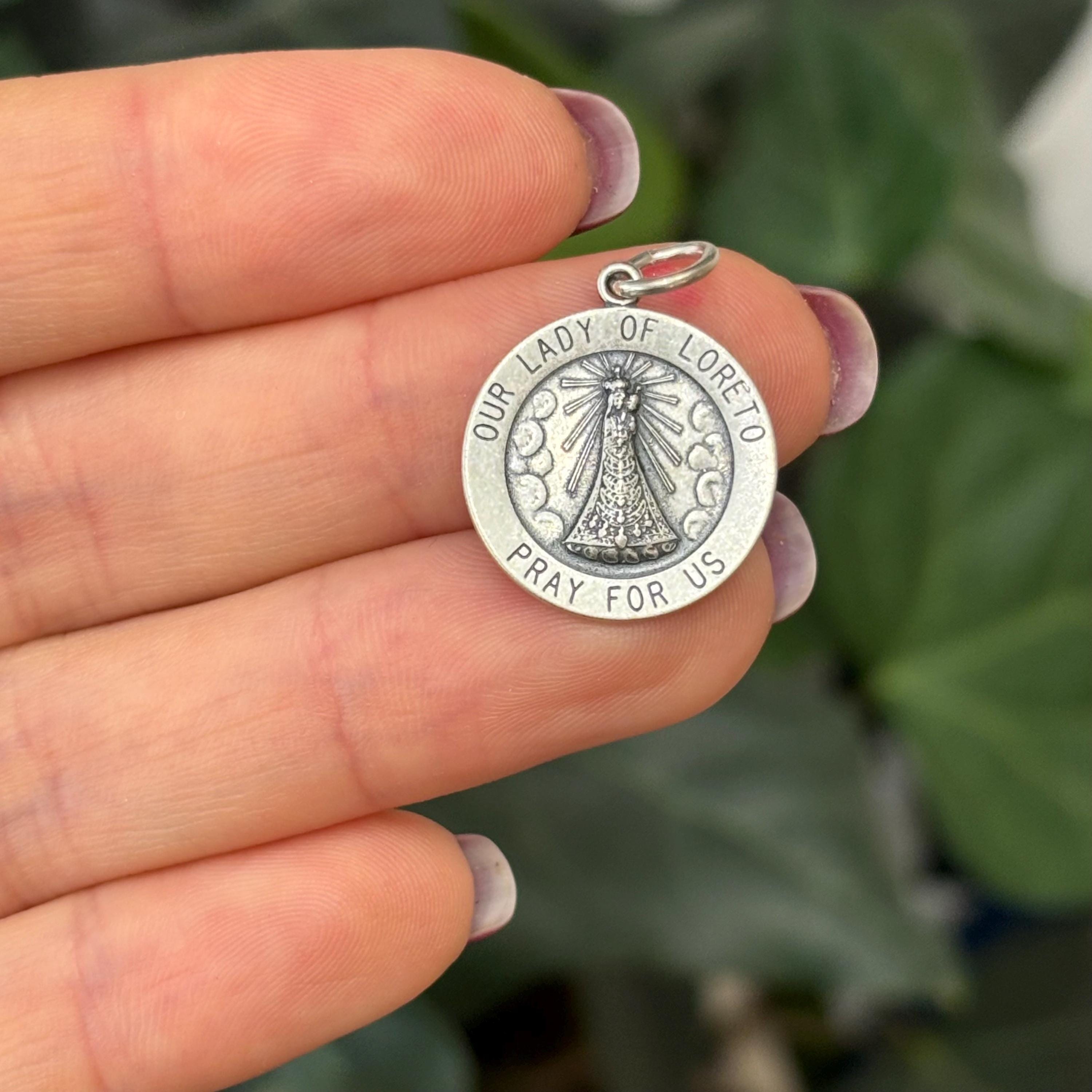 Sterling Silver Our Lady of Loretto Round Medal Charm Pendant 18mm