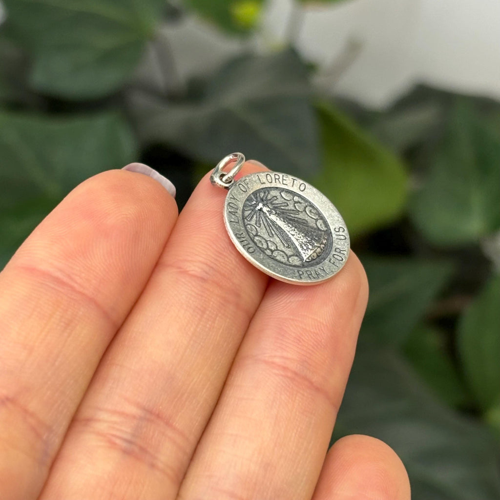 Sterling Silver Our Lady of Loretto Round Medal Charm Pendant 18mm