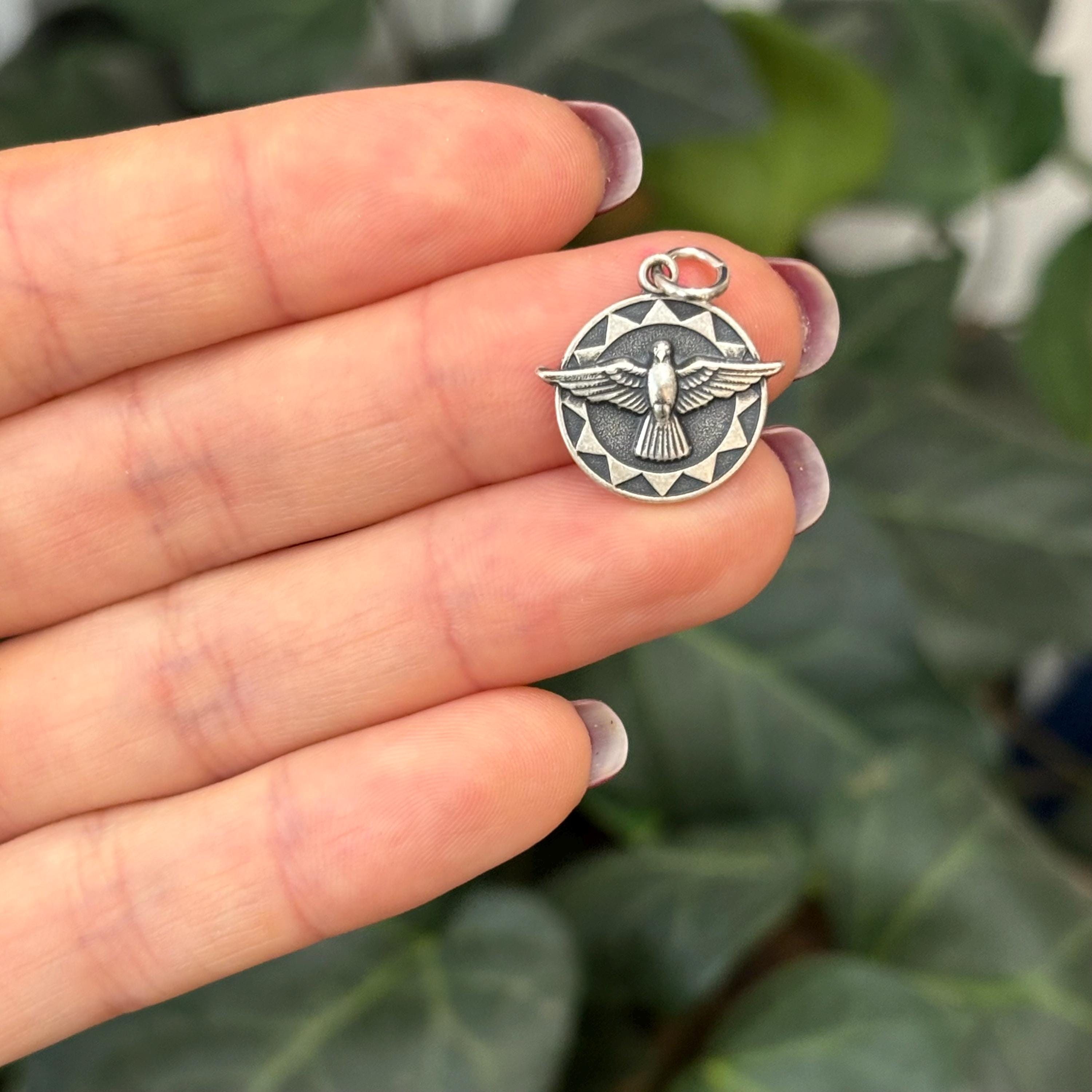 Sterling Silver Holy Spirit Dove Round Medal Charm Pendant