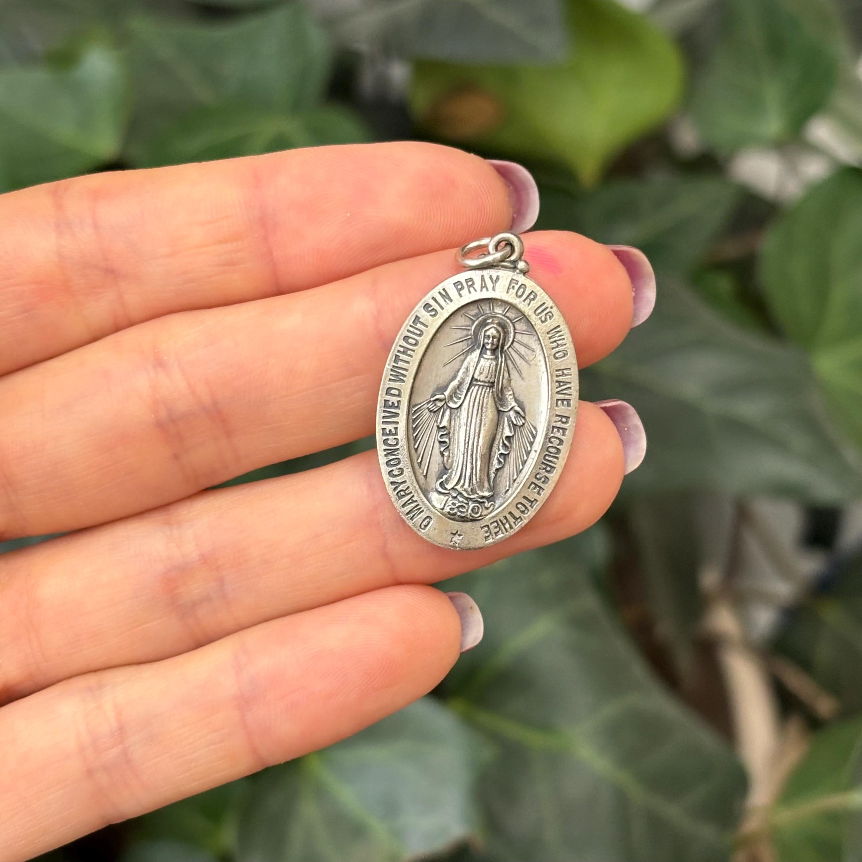 Sterling Silver Miraculous Medal Oval Medal Pendant 33mm x 20mm