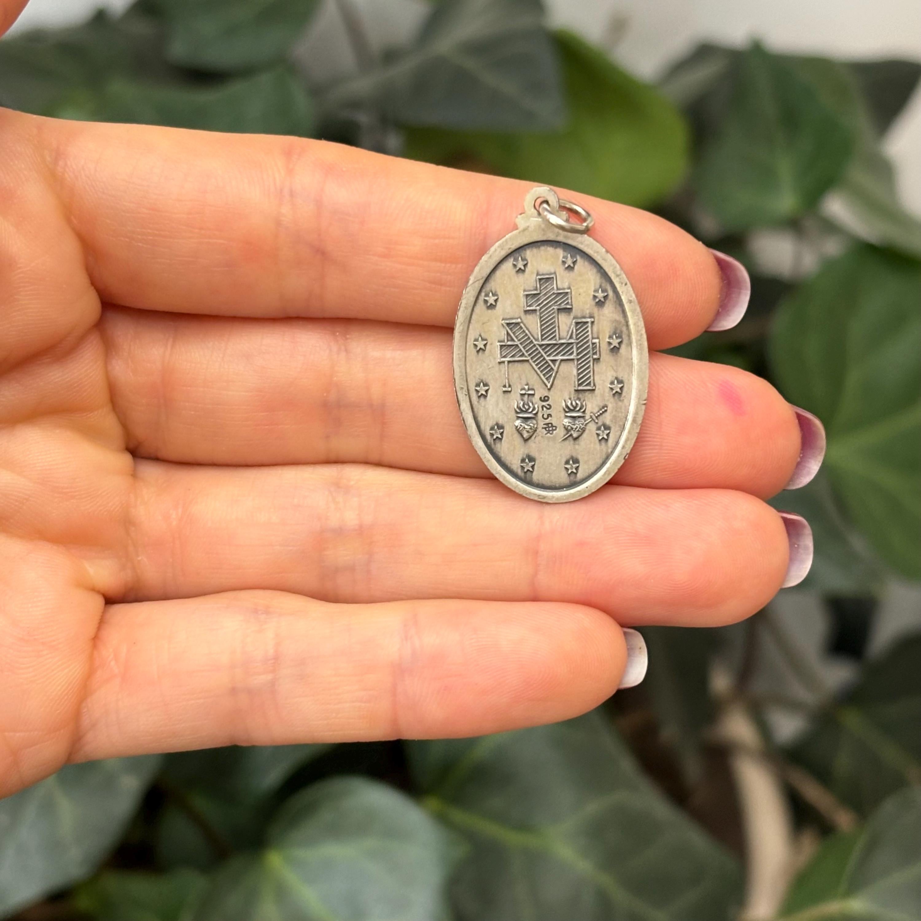 Sterling Silver Miraculous Medal Oval Medal Pendant 33mm x 20mm