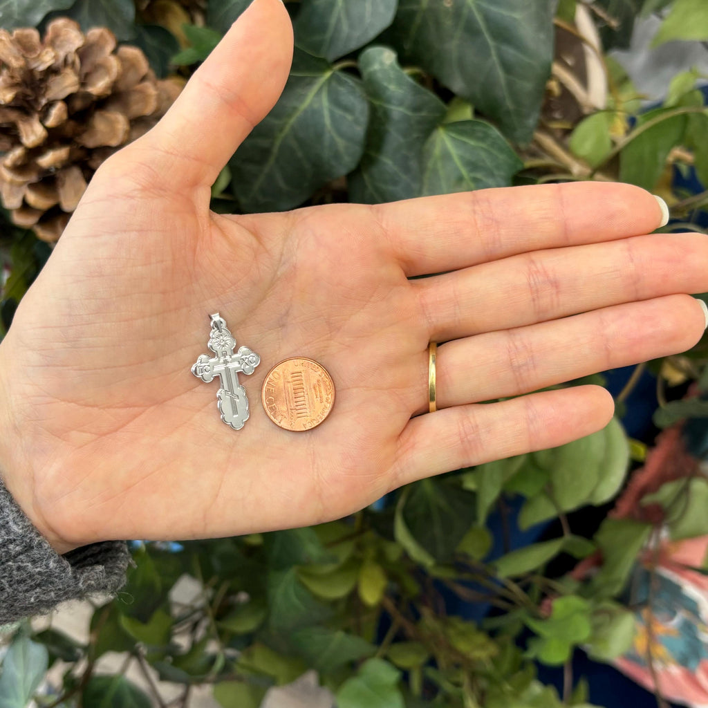 14k White Gold Eastern Orthodox Cross Pendant 26mm x 17mm