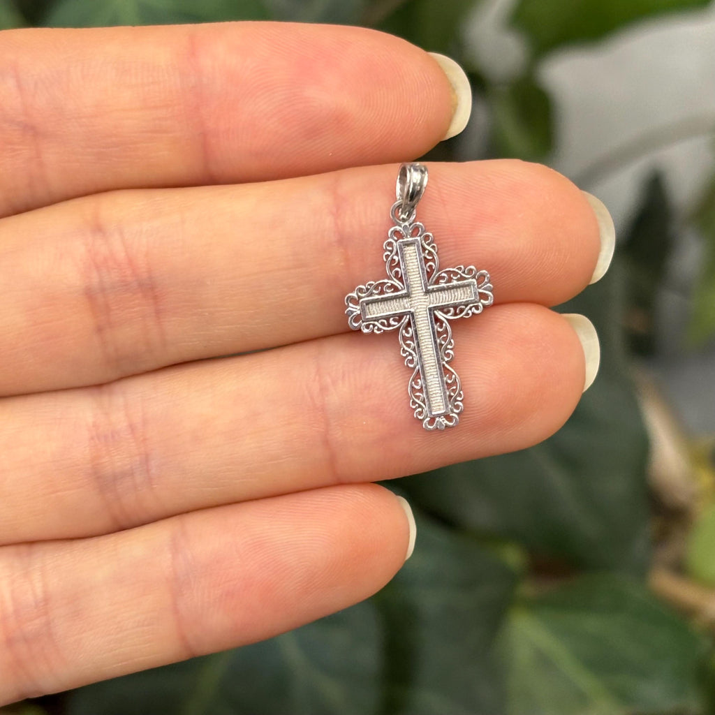14K White Gold Lace Trim Cross Charm Pendant