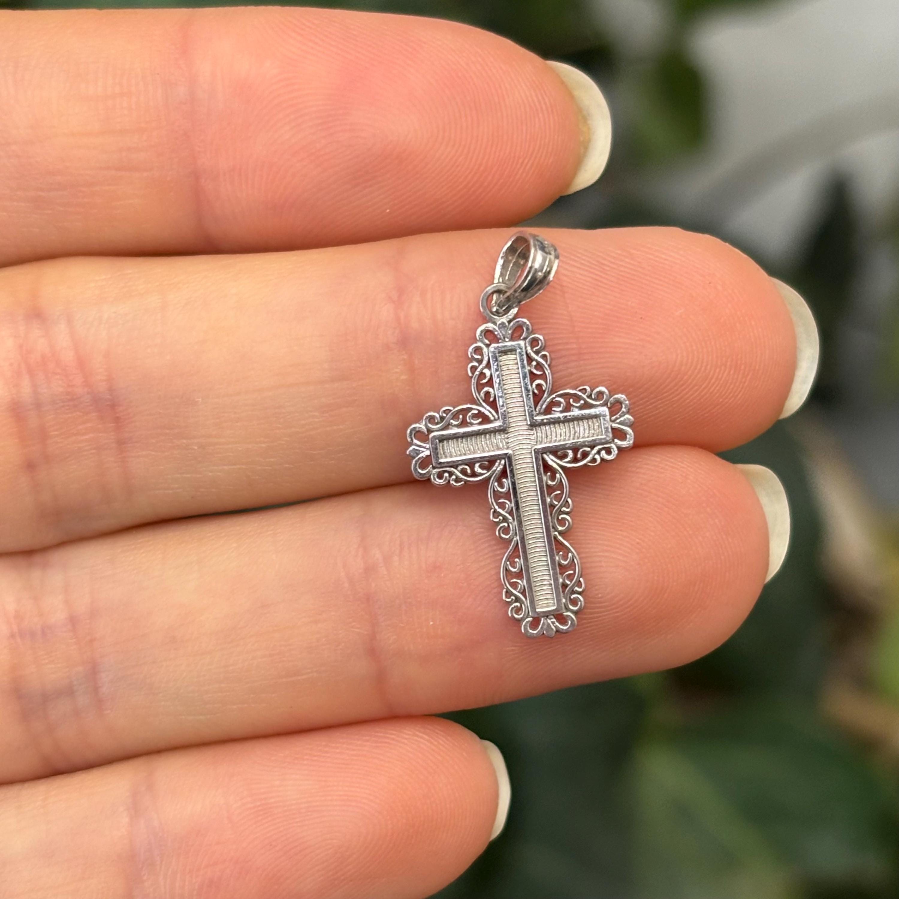10k White Gold Lace Trim Cross Charm Pendant