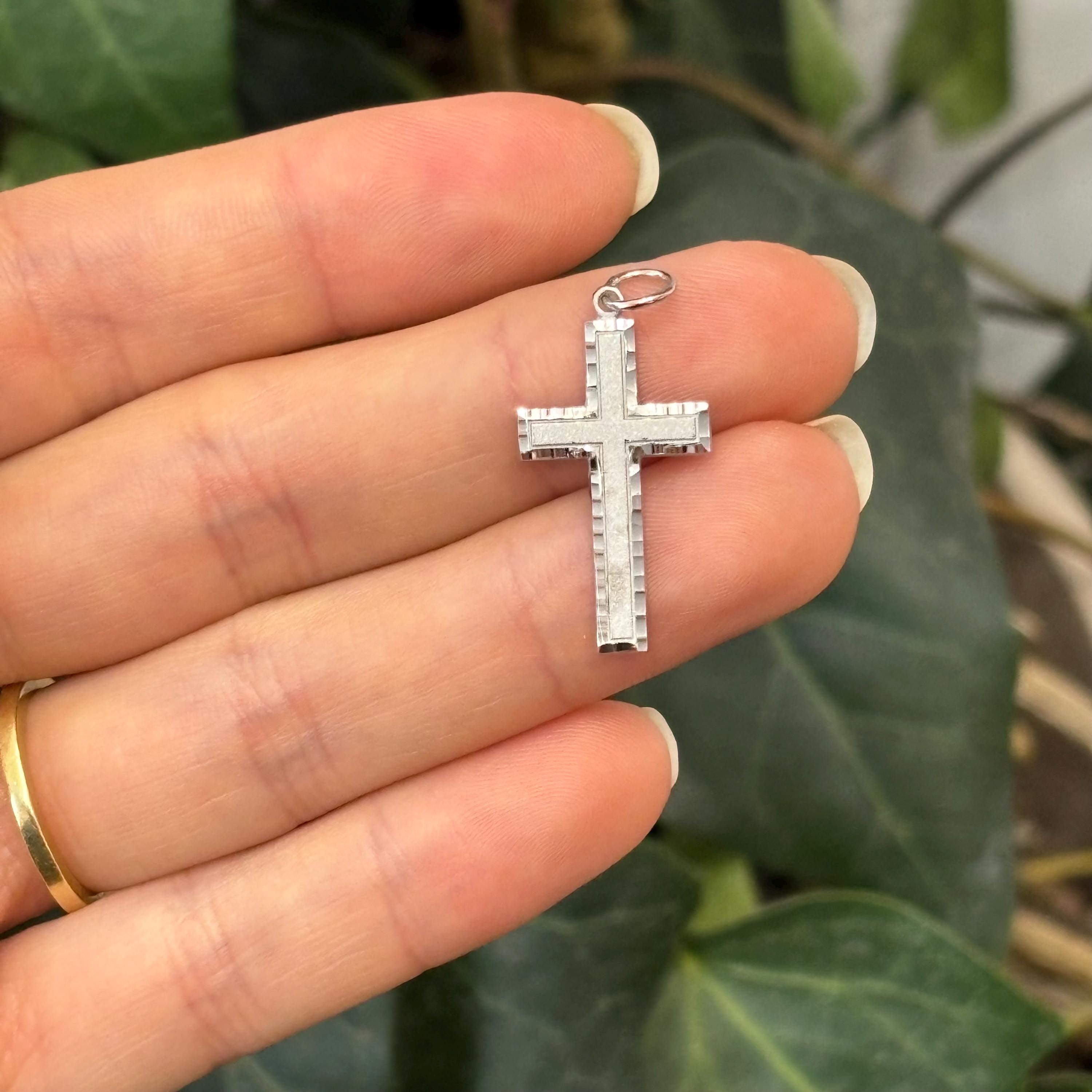 10k White Gold Matte Cross Charm Pendant Diamond-Cut Trim