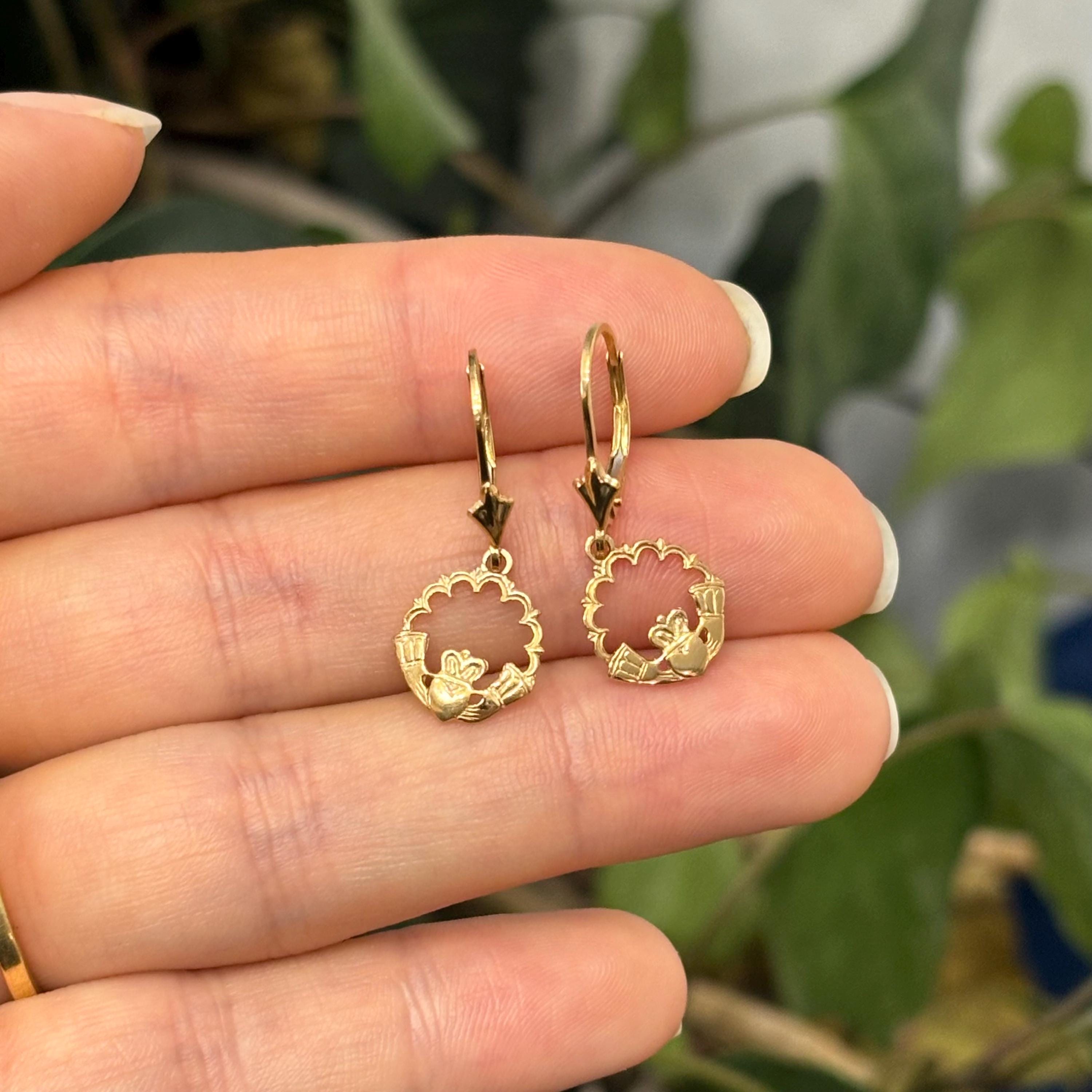 14k Gold Celtic Claddagh Charm Lever Back Earrings