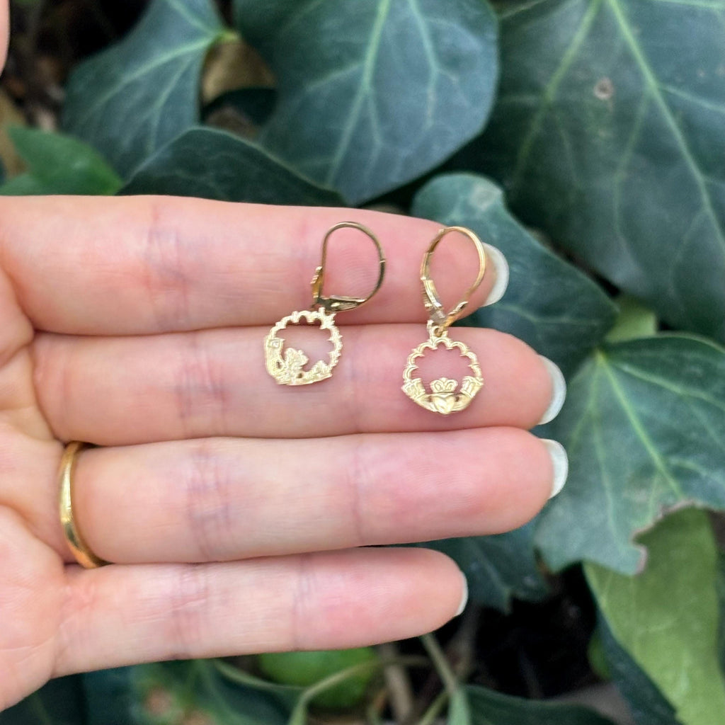14k Gold Celtic Claddagh Charm Lever Back Earrings