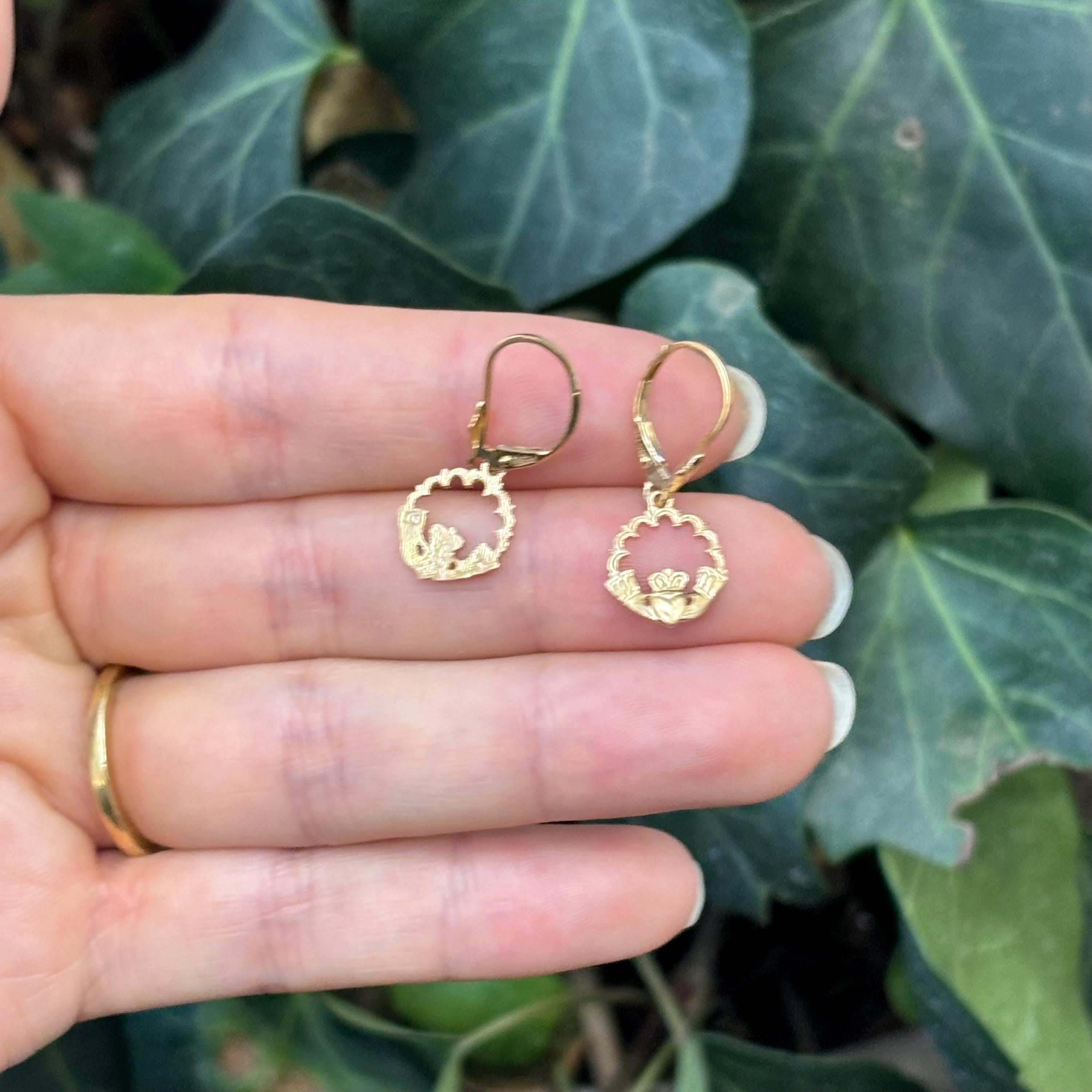 14k Gold Celtic Claddagh Charm Lever Back Earrings