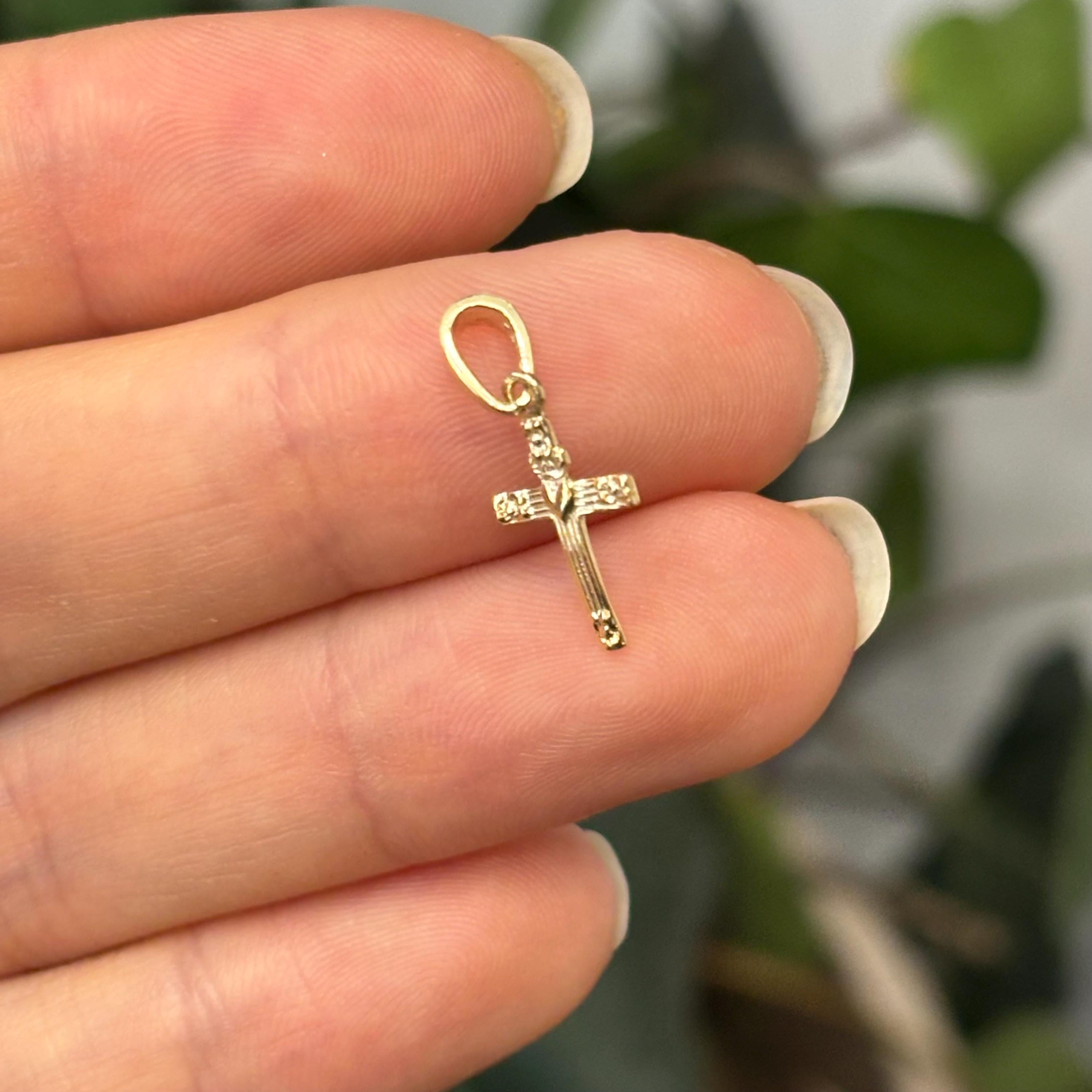 10k Gold Heart and Flower Cross Mini Charm Pendant